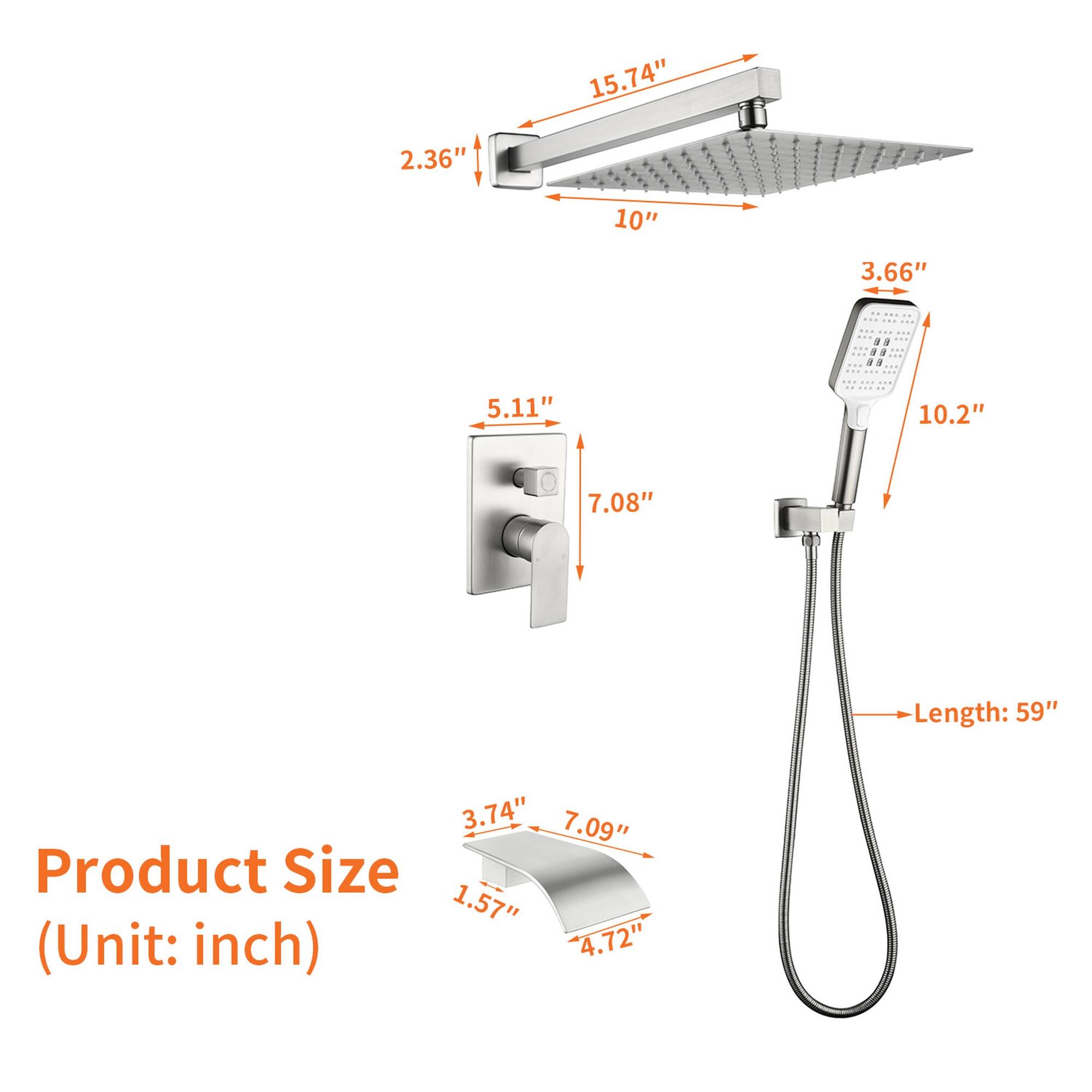 15.74"  
2.36"  
10"  
3.66"  
5.11"  
10.2"  
7.08"  
Length: 59"  
3.74"  
7.09"  
Product Size  
1.57" (Unit: inch)  
4.72"