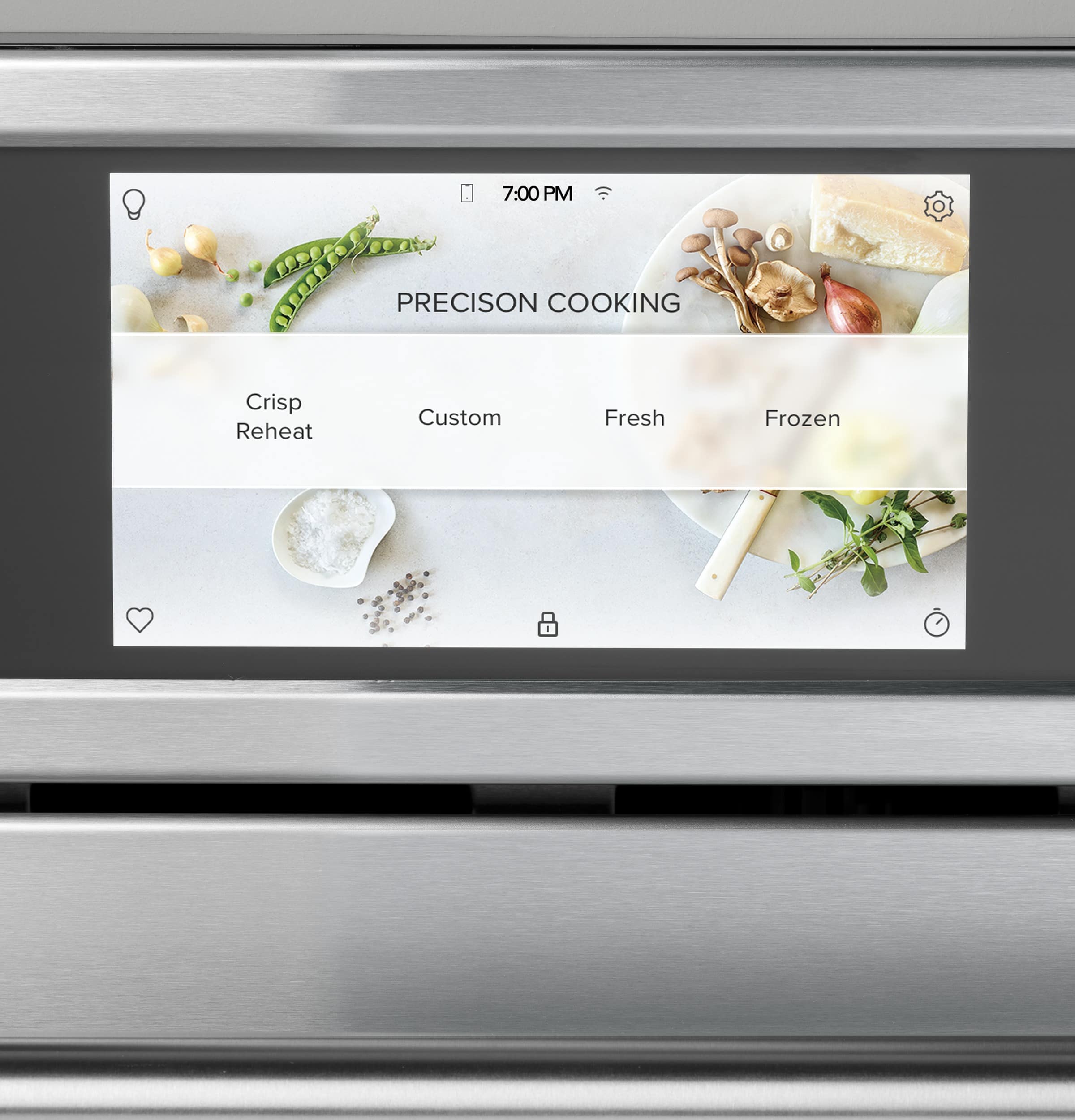 The image shows a digital display on a microwave oven, indicating that it is set to Precision Cooking mode. The options available are Crisp, Reheat, Custom, Fresh, and Frozen. The display is set to 7:00 PM, suggesting that the user has set the timer for a specific cooking time.