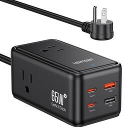 LENCENT - PD65W GaN Charger Desktop Laptop Adapter Power Strip with 3 AC Outlets + 2 USB A + 2 USB C For iPhone Macbook - Black