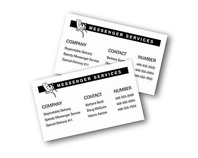 **Messenger Services**

**Company:**
- Dependable Delivery
- Speedy Messenger Service
- Special Delivery 911

**Contact:**
- Barbara Sor
- Doug

**Number:**
- 488-555-2600
- 488-555-8954
- 188-555-7950

---

**Messenger Services**

**Company:**
- Dependable Delivery
- Speedy Messenger Service
- Special Delivery 911

**Contact:**
- Barbara Scott
- Doug McGuire
- Valerie Ashton

**Number:**
- 488-555-2600
- 488-555-8954
- 488-555-7950