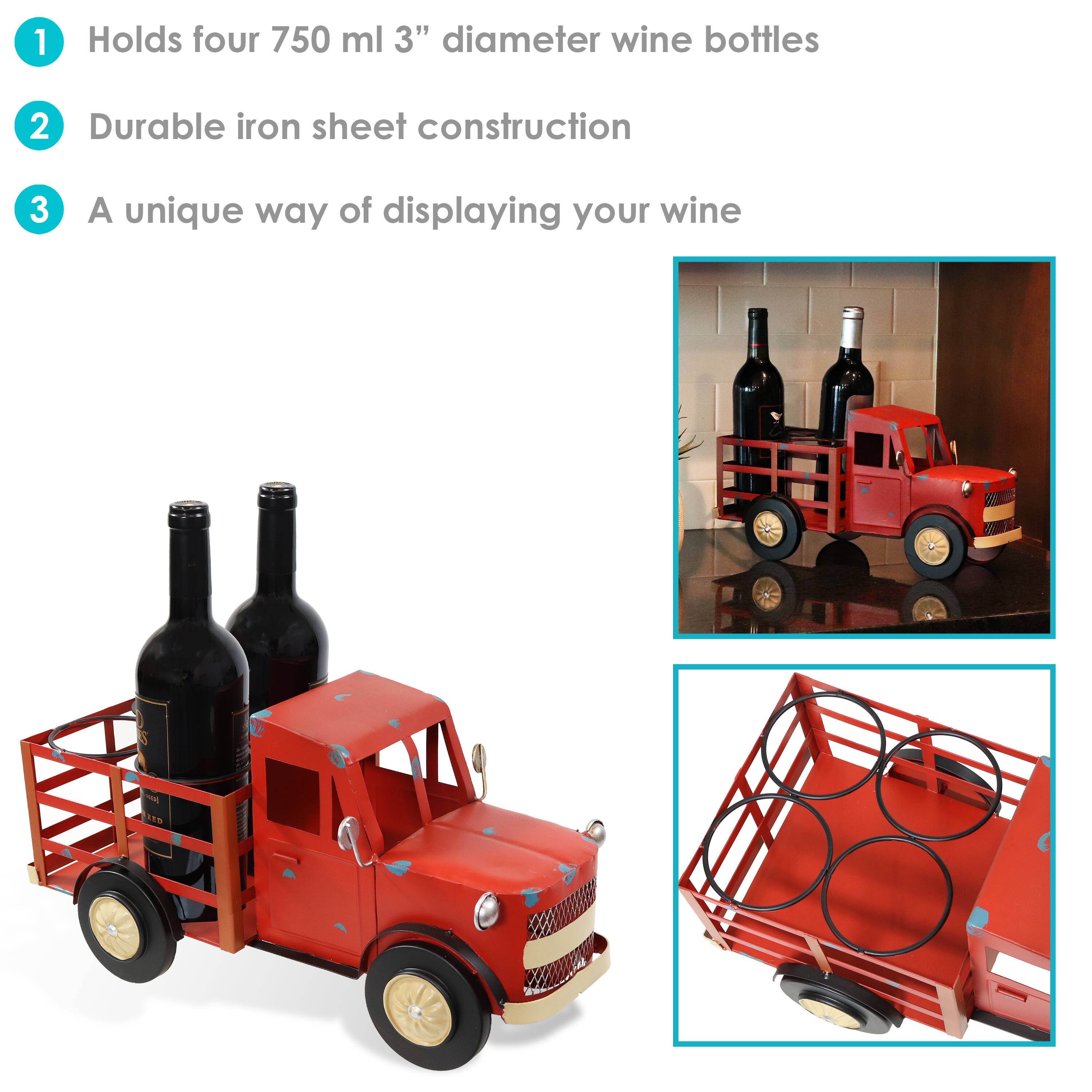 1. Holds four 750 ml 3" diameter wine bottles
2. Durable iron sheet construction
3. A unique way of displaying your wine