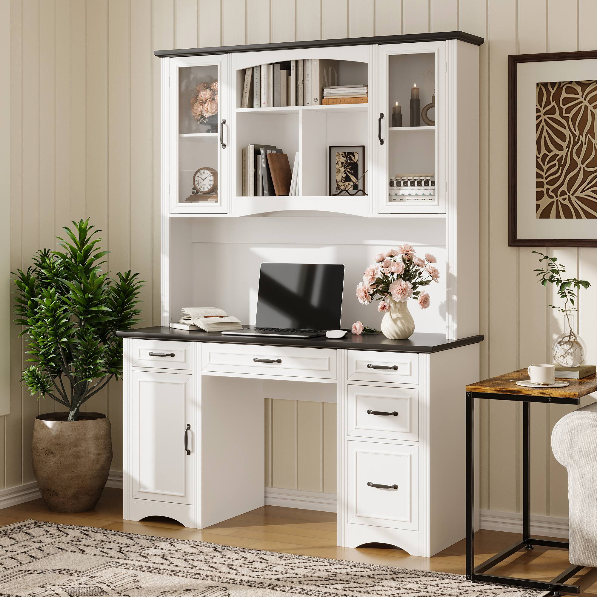 Alt View 2. Famapy - Famapy Computer Desk with Hutch: Built - in Cable Management & Ample Storage - White.