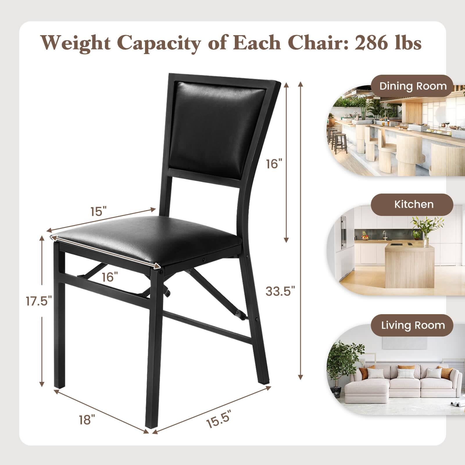 Weight Capacity of Each Chair: 286 lbs

Dining Room: 16" x 15"

Kitchen: 17.5" x 16" x 33.5"

Living Room: 18" x 15.5"