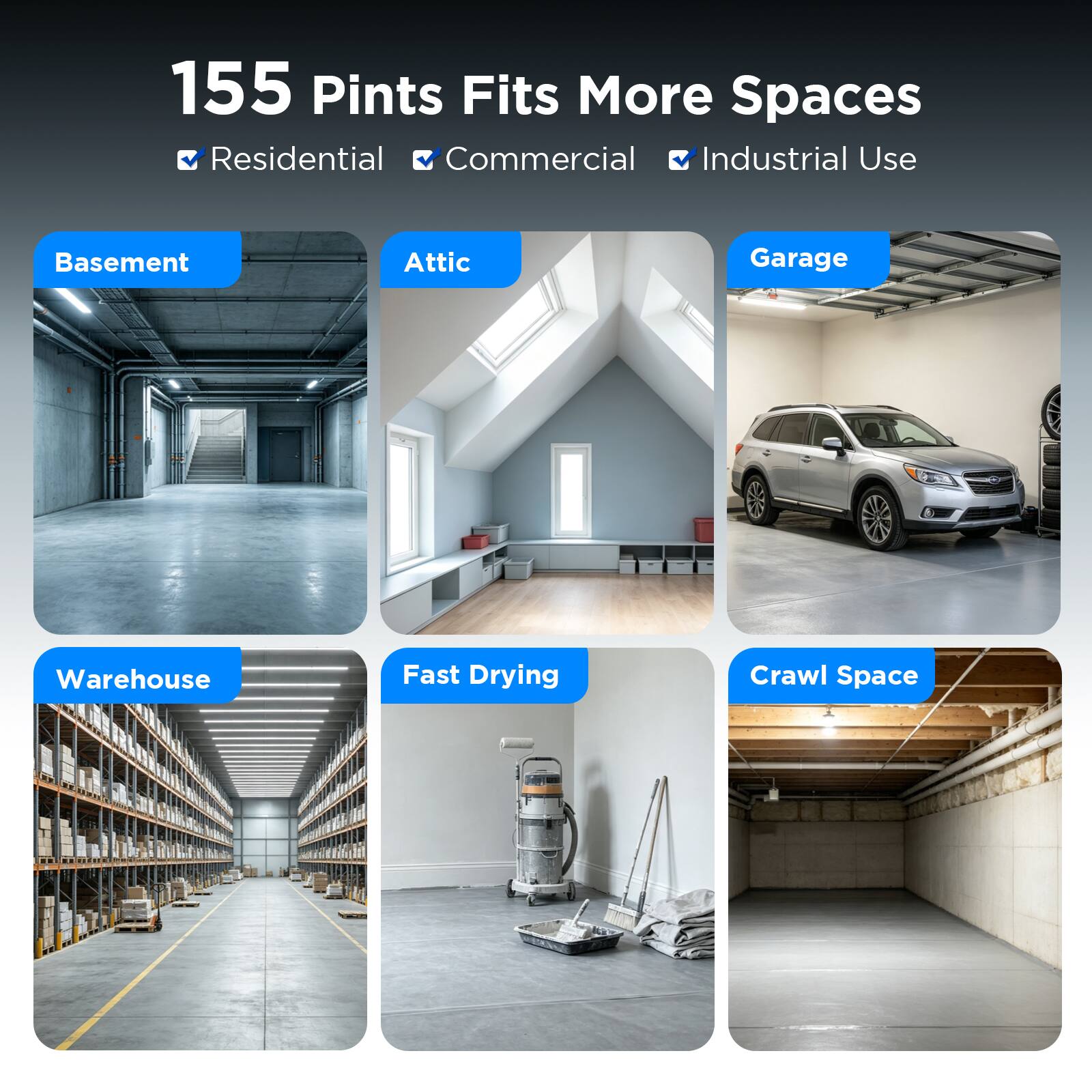 155 Pints Fits More Spaces  
Residential, Commercial, Industrial Use  
Basement, Attic, Garage, Warehouse, Fast Drying, Crawl Space
