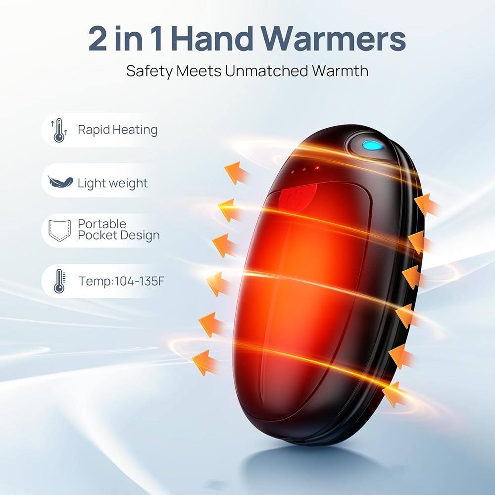 2 in 1 Hand Warmers  
Safety Meets Unmatched Warmth  

- Rapid Heating  
- Light weight  
- Portable Pocket Design  
- Temp: 104-135°F