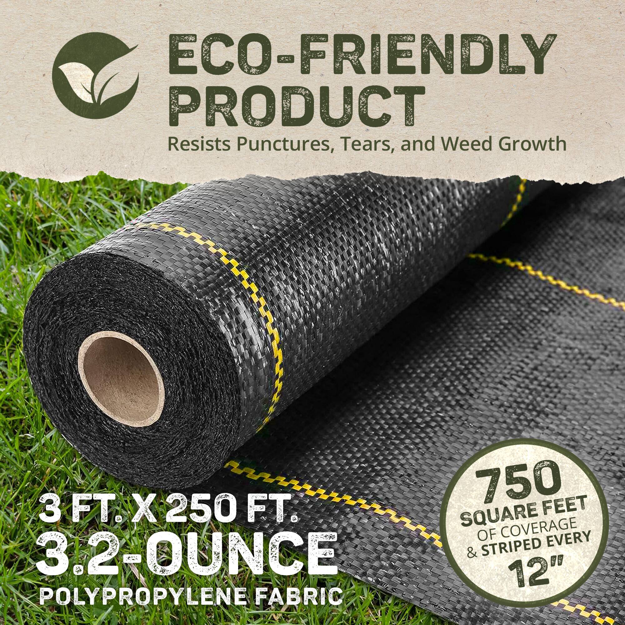 ECO-FRIENDLY PRODUCT  
Resists Punctures, Tears, and Weed Growth  

3 FT. X 250 FT.  
3.2-OUNCE  
POLYPROPYLENE FABRIC  

750 SQUARE FEET OF COVERAGE  
& STRIPED EVERY 12"
