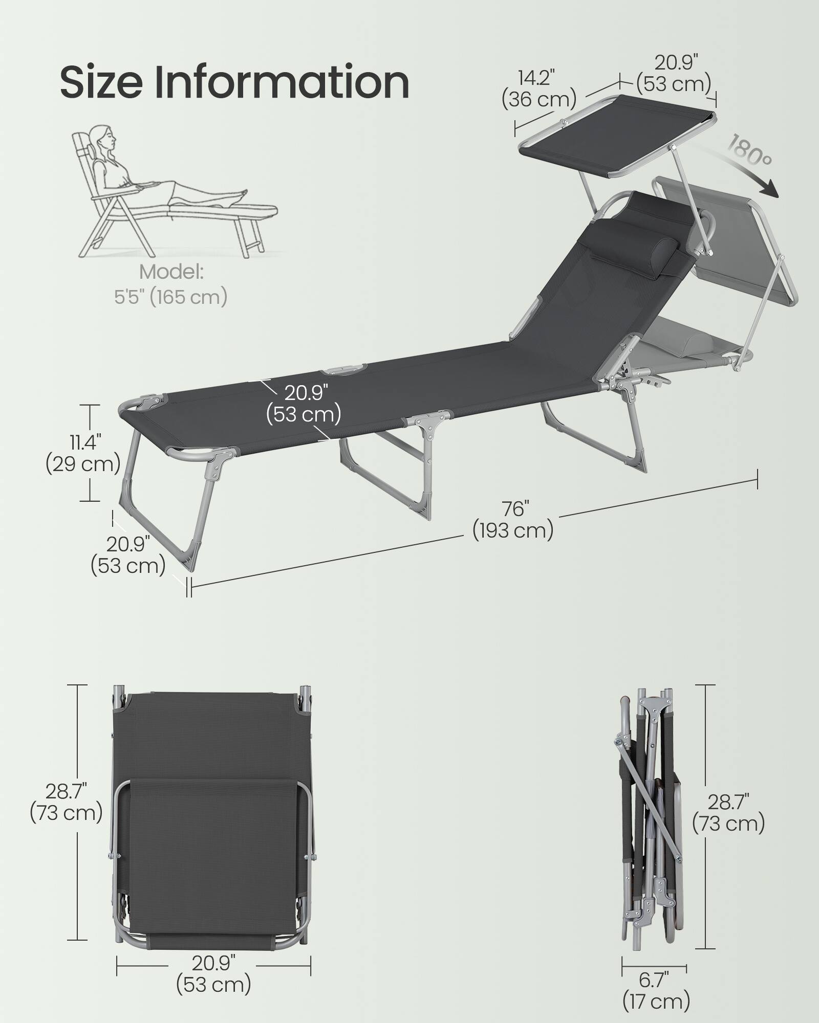 Size Information

Model: 5'5" (165 cm)

- 14.2" (36 cm)
- 20.9" (53 cm)
- 11.4" (29 cm)
- 76" (193 cm)
- 28.7" (73 cm)
- 20.9" (53 cm)
- 6.7" (17 cm)