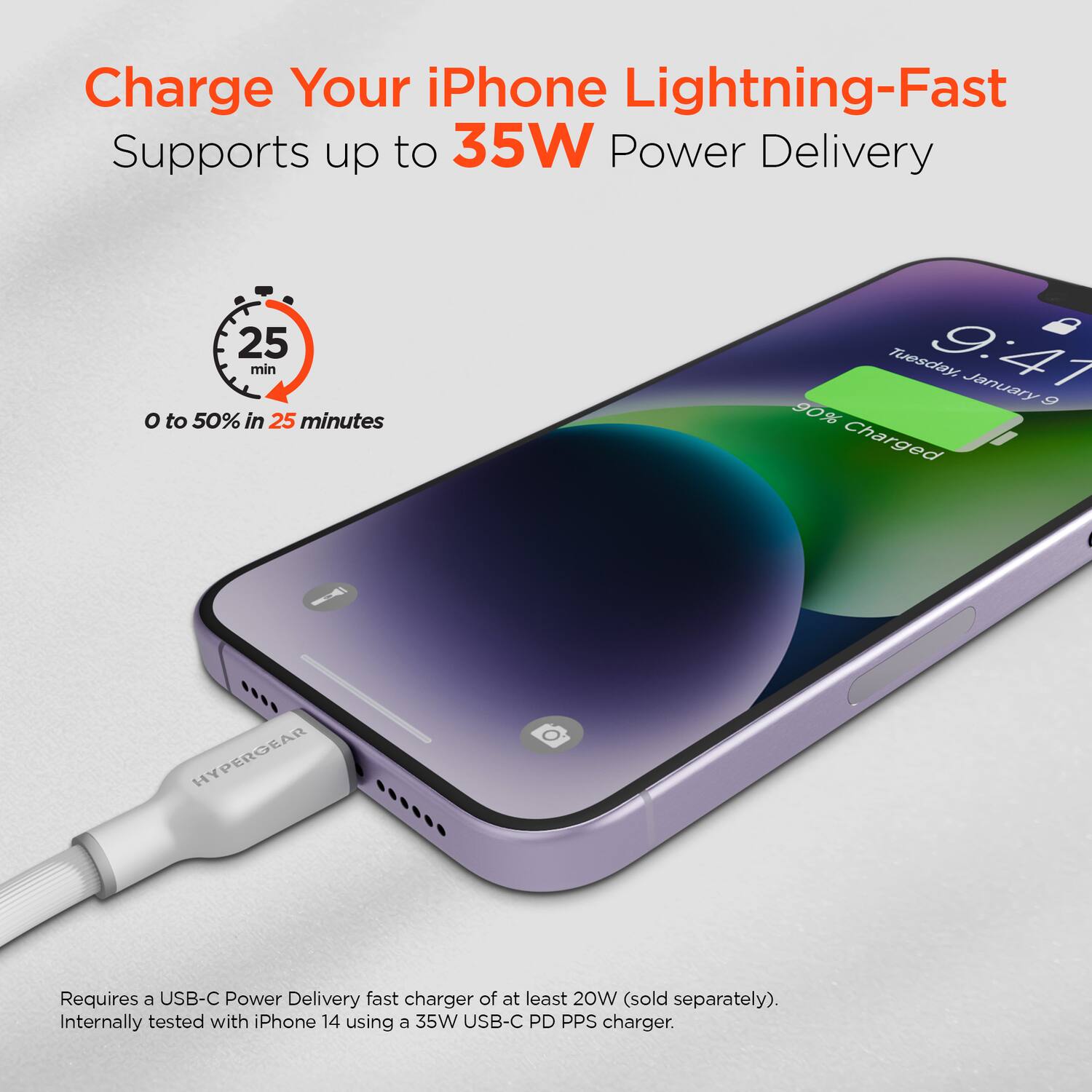 Charge Your iPhone Lightning-Fast  
Supports up to 35W Power Delivery  

0 to 50% in 25 minutes  

Requires a USB-C Power Delivery fast charger of at least 20W (sold separately).  
Internally tested with iPhone 14 using a 35W USB-C PD PPS charger.