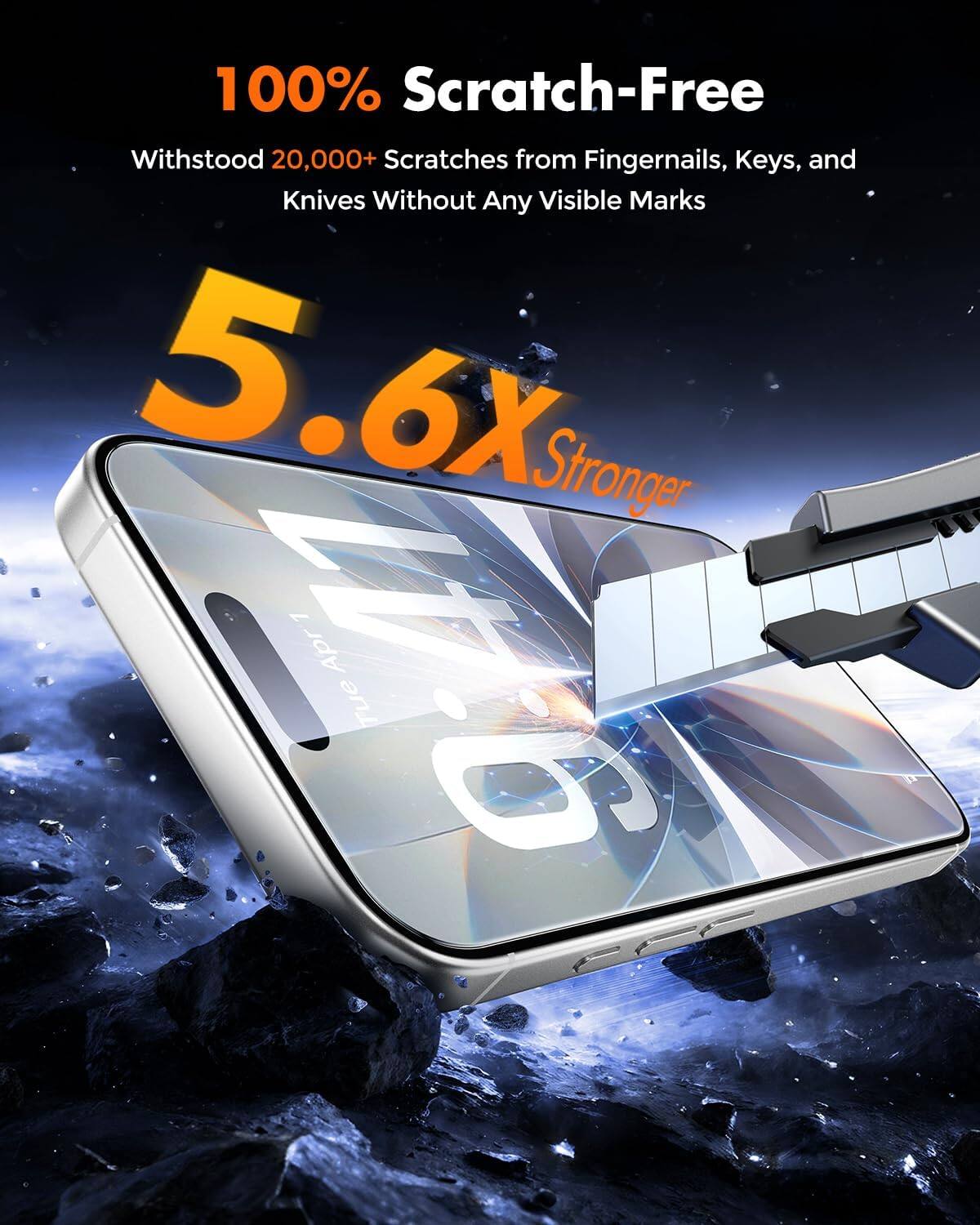 100% Scratch-Free  
Withstood 20,000+ Scratches from Fingernails, Keys, and Knives Without Any Visible Marks  
5.6X Stronger