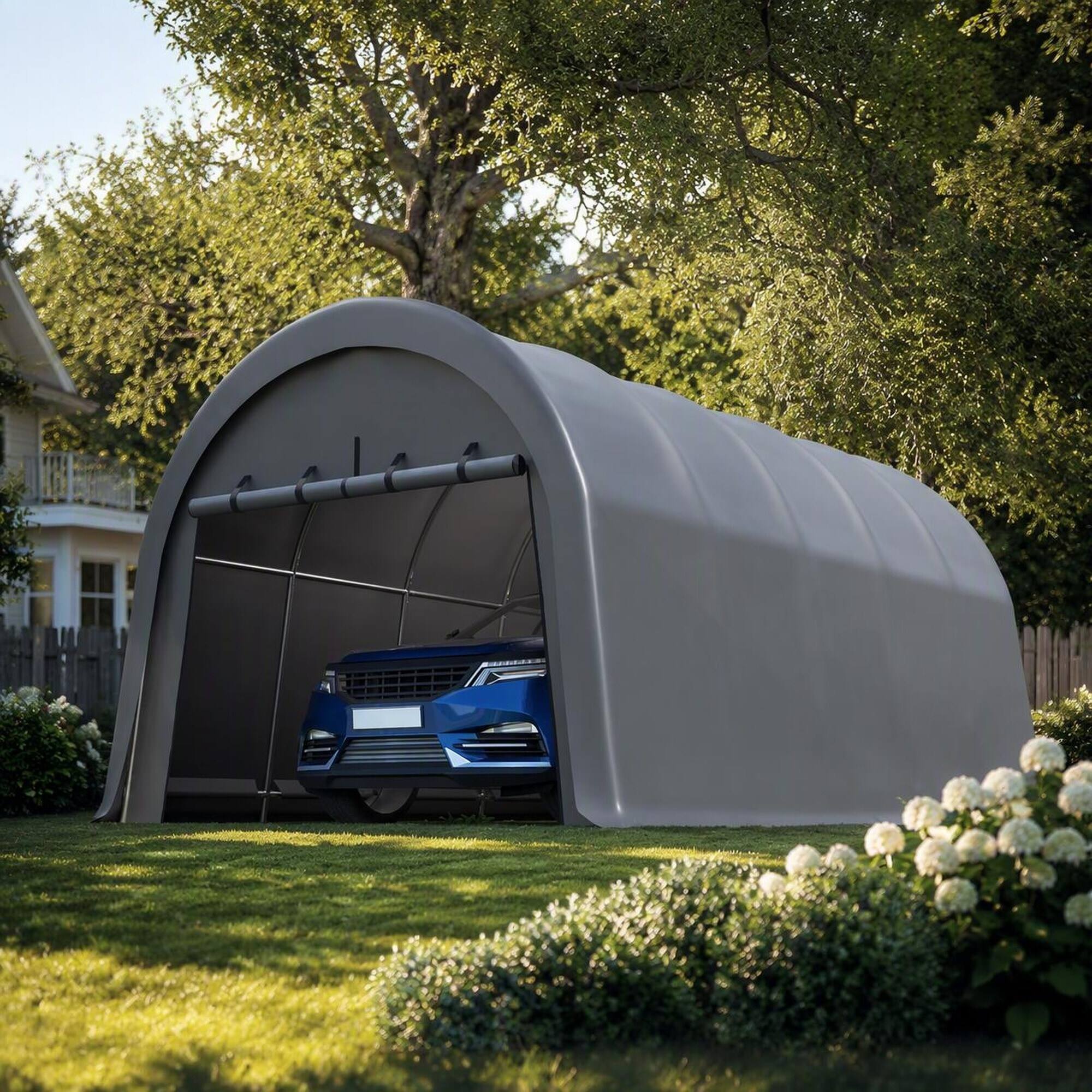 Angle. RYHNUYNE - 12x20 FT Carport Canopy Steel Frame Dome Roof Double-Zipper Doors Waterproof Garage - Grey.