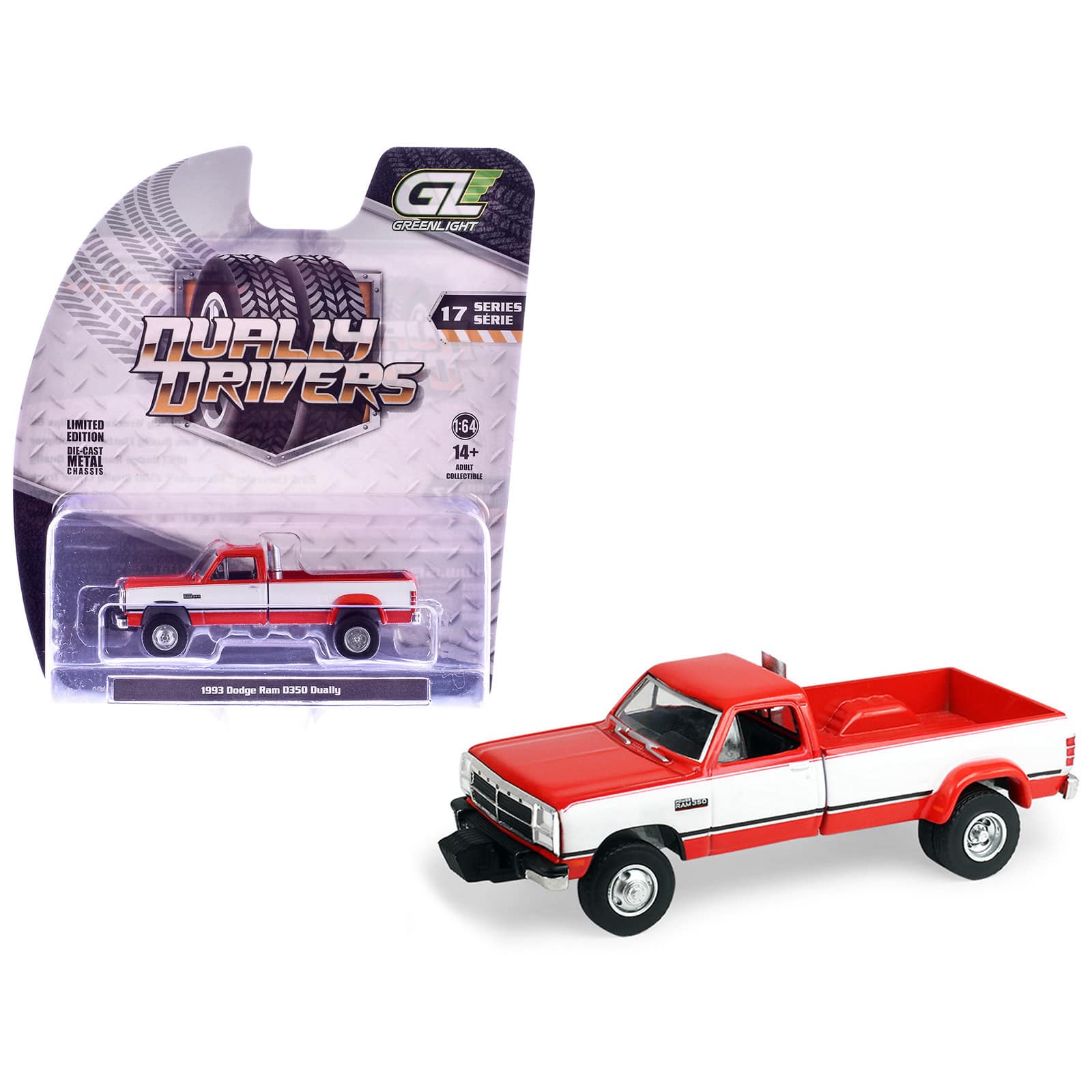 1993 Dodge Ram D350 Dually Red and White with Exhaust with Bumper Weights 1/64 Diecast Model Car by Greenlight