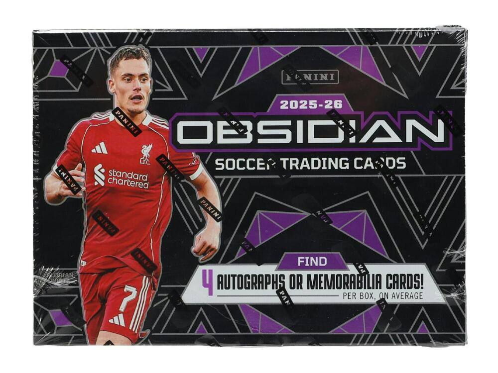 2025-26 PANINI OBSIDIAN L.F.C. SOCCER TRADING CARDS  
standard chartered PANINI  
BRIAN  
FIND 4 AUTOGRAPHS OR MEMORABILIA CARDS!  
PER BOX, ON AVERAGE