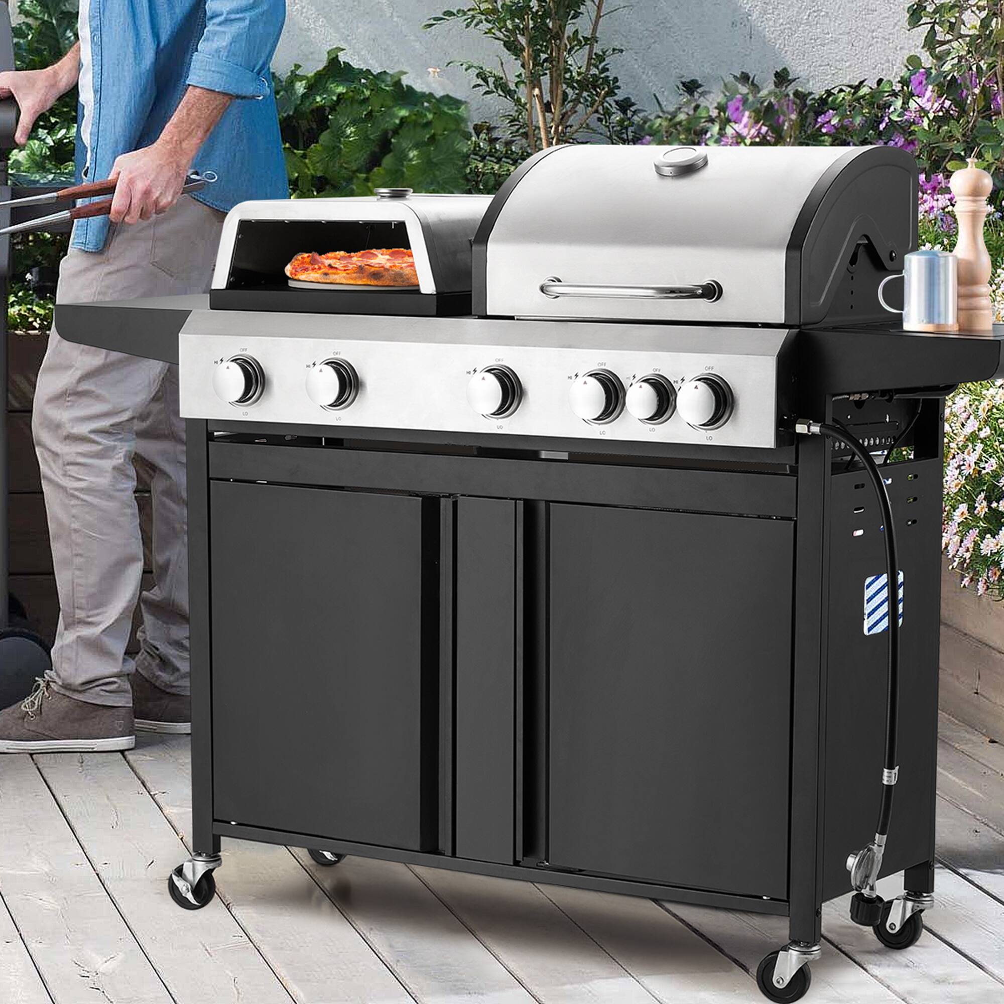 Alt View 4. U-HOMY - Propane Gas Grill with Pizza Oven and Side Burner, Removable Grates, Shelf & Cabinet for Outdoor Cooking - 5+1 Burner.