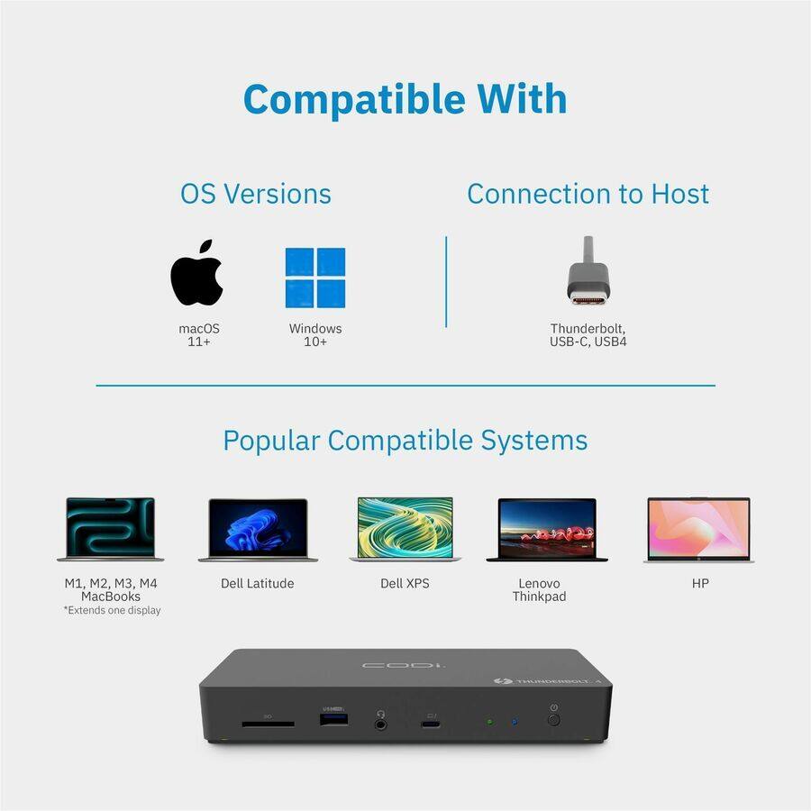 Compatible With

OS Versions
- macOS 11+
- Windows 10+

Connection to Host
- Thunderbolt, USB-C, USB4

Popular Compatible Systems
- M1, M2, M3, M4 MacBooks *Extends one display
- Dell Latitude
- Dell XPS
- Lenovo Thinkpad
- HP
