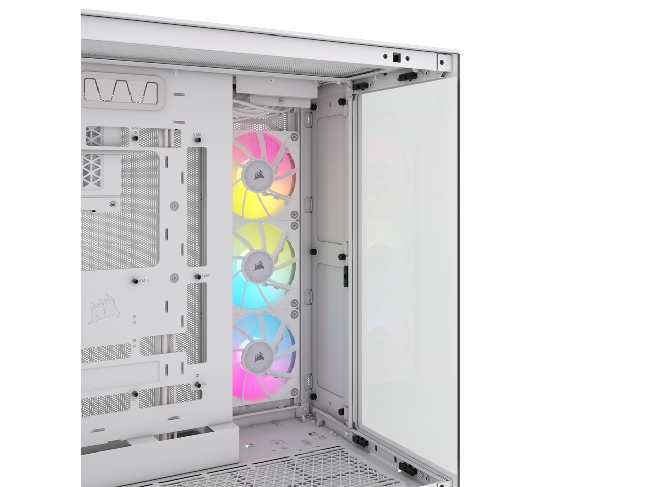 The text in the image appears to be a mix of letters and symbols that don't form coherent words. Here is the corrected and grouped text:

- AME
- AME
- AME
- AME
- M
- M
- M
- M
- AE
- AE

The text seems to be part of a design or branding on the computer case.