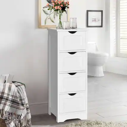 Front. Hivvago - Modern Farmhouse 4-Drawer Bathroom Linen Floor Cabinet in White Wood Finish - White.