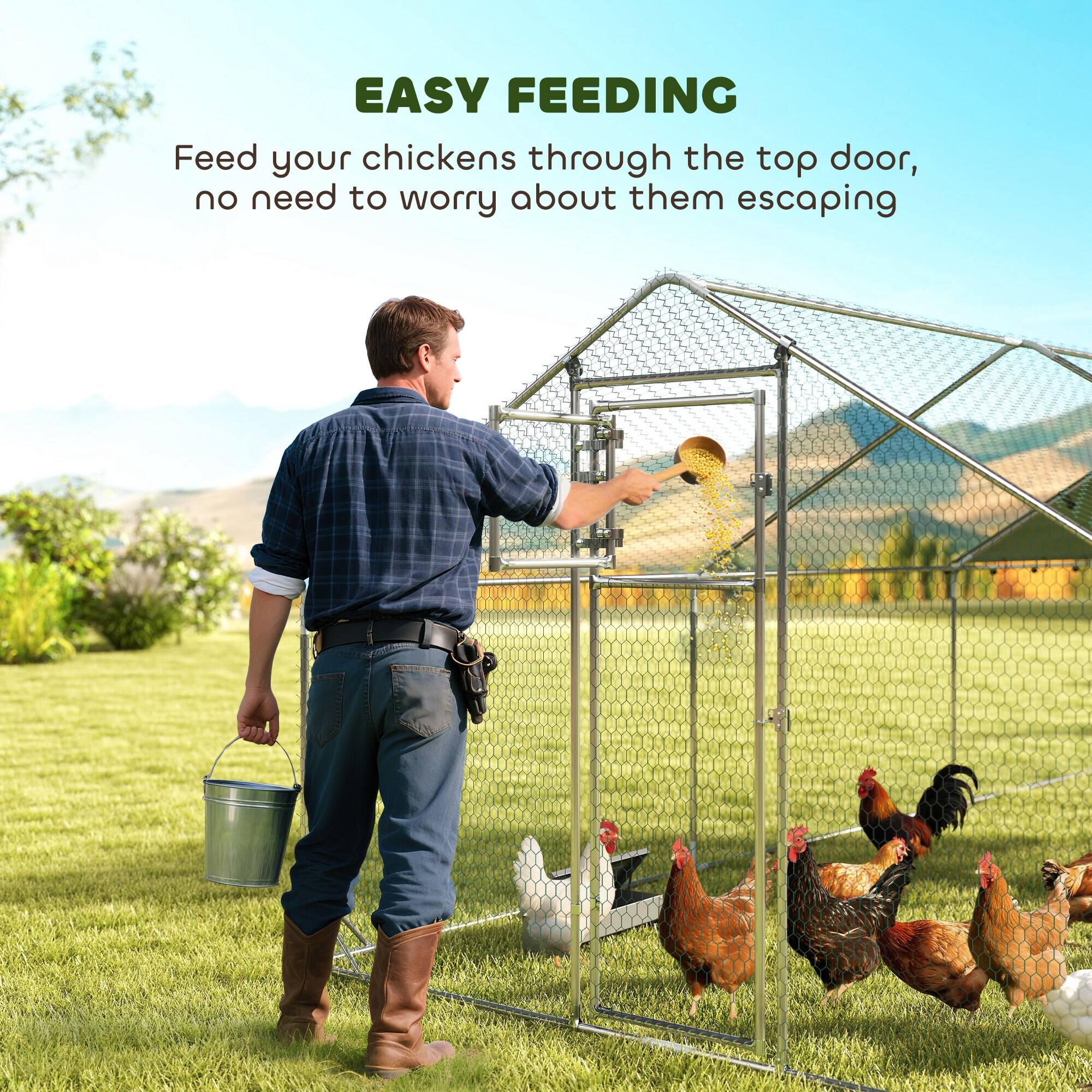 EASY FEEDING

Feed your chickens through the top door, no need to worry about them escaping