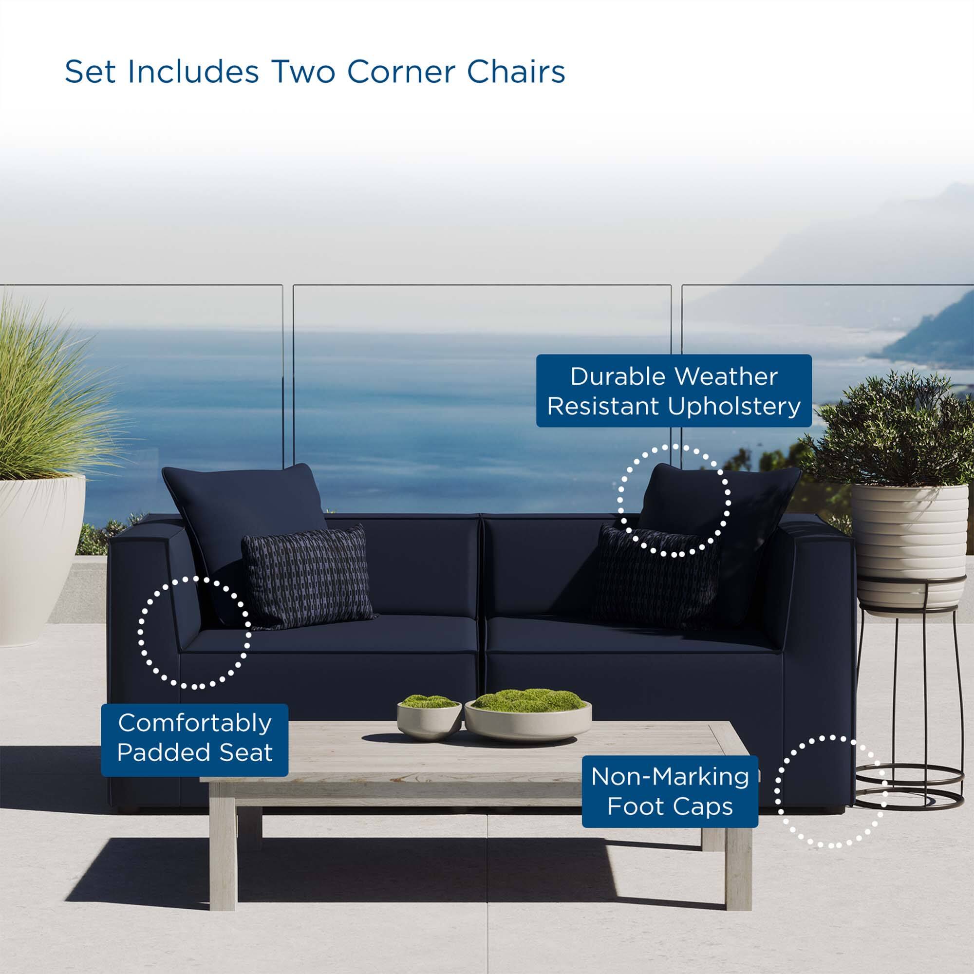 Set Includes Two Corner Chairs  
Durable Weather Resistant Upholstery  
Comfortably Padded Seat  
Non-Marking Foot Caps