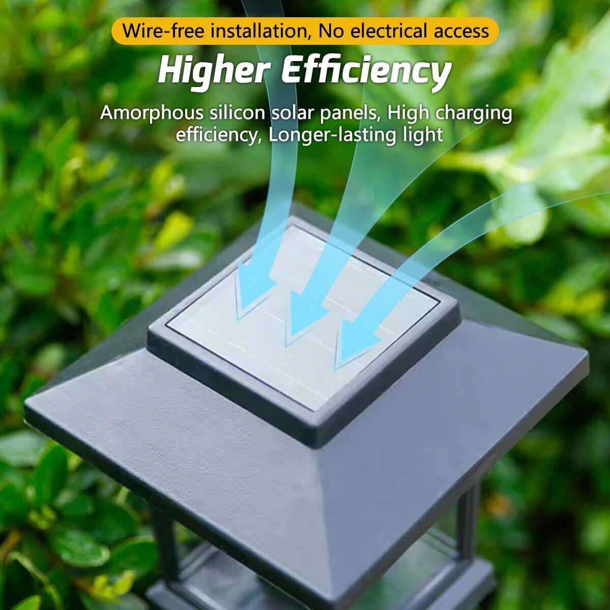 Wire-free installation, No electrical access

Higher Efficiency

Amorphous silicon solar panels, High charging efficiency, Longer-lasting light