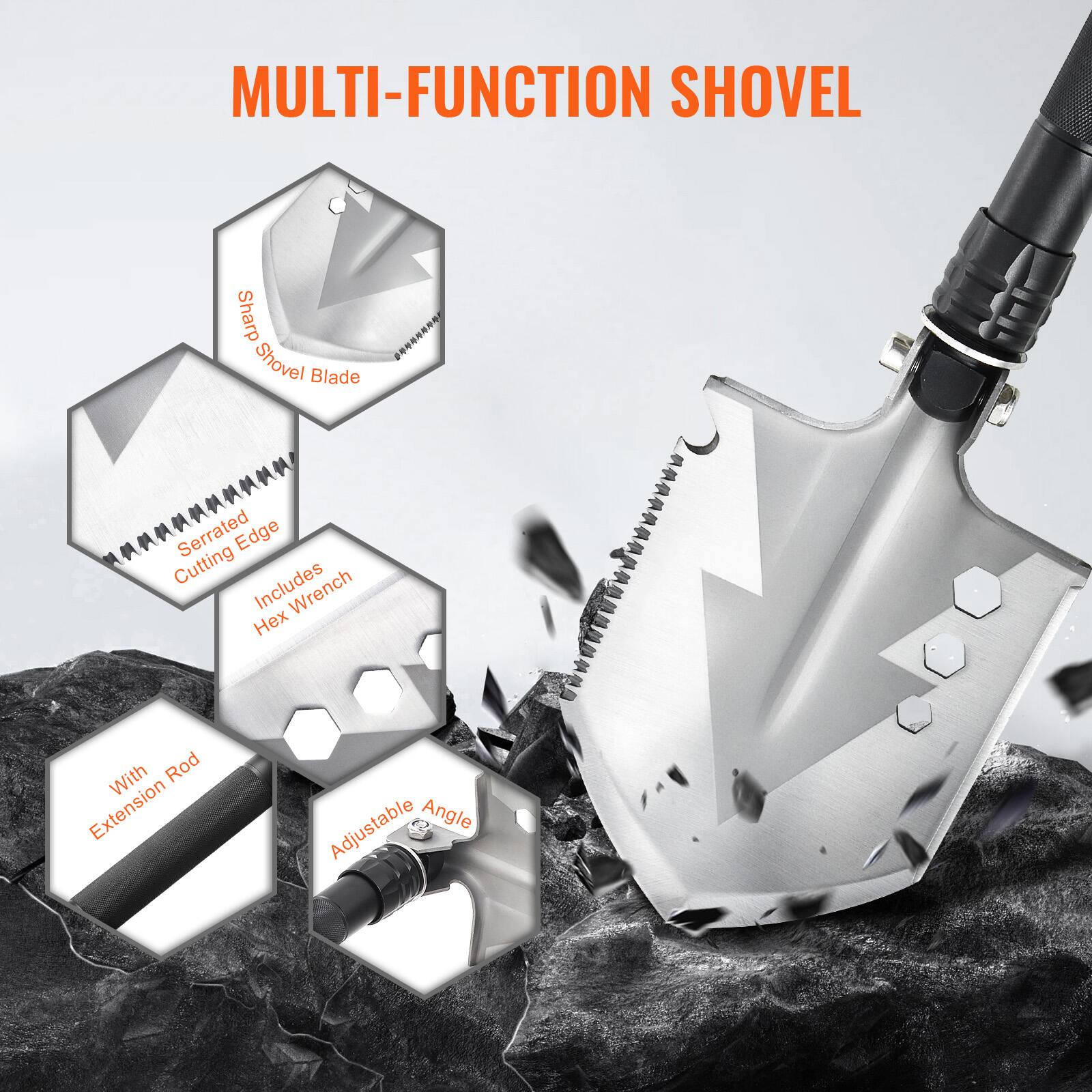MULTI-FUNCTION SHOVEL

- Sharp Shovel Blade
- Serrated Edge Cutting
- Includes Hex Wrench
- With Rod Extension
- Adjustable Angle