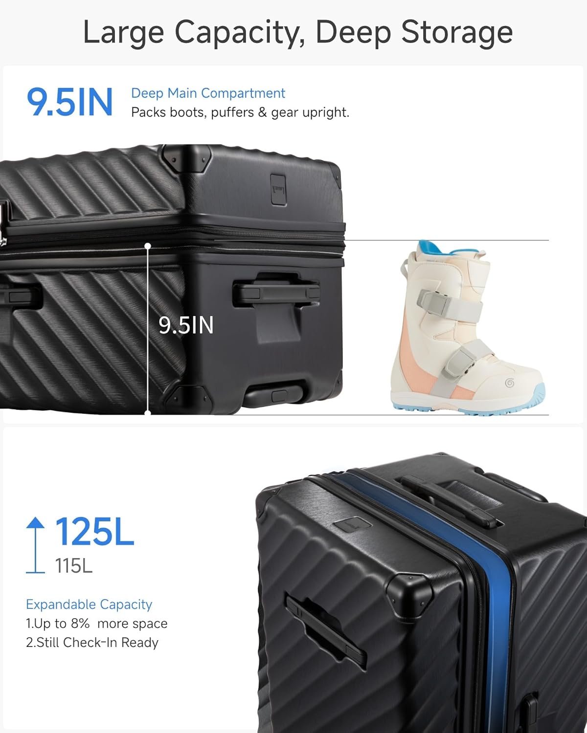 Large Capacity, Deep Storage

9.5IN  
Deep Main Compartment  
Packs boots, puffers & gear upright.

125L  
115L  
Expandable Capacity  
1. Up to 8% more space  
2. Still Check-In Ready