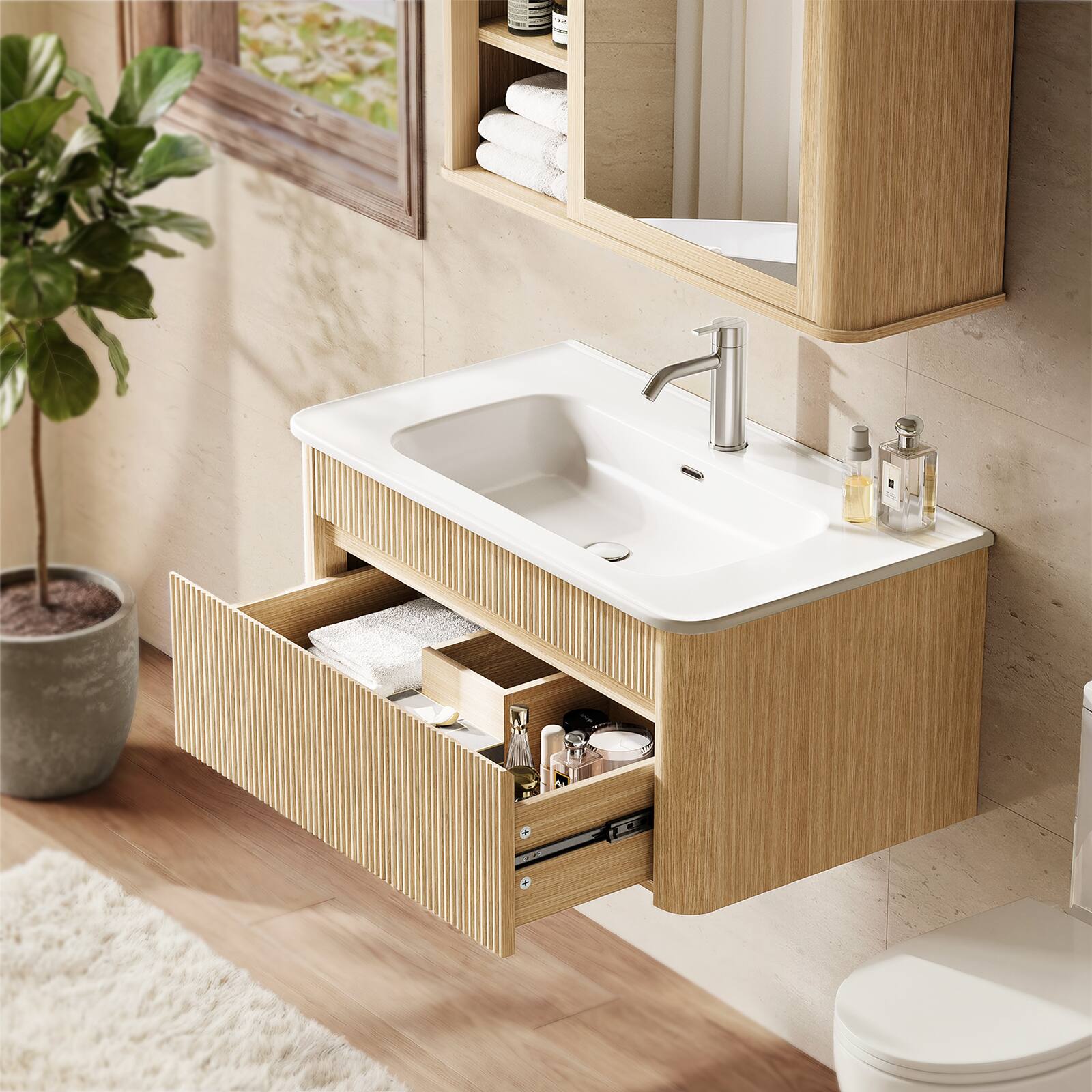Alt View 2. ModernMate - 30" Single Wall-Mounted Bathroom Vanity with Ceramic Sink, Soft Close Drawers, Solid Wood Legs - Natural Oak.