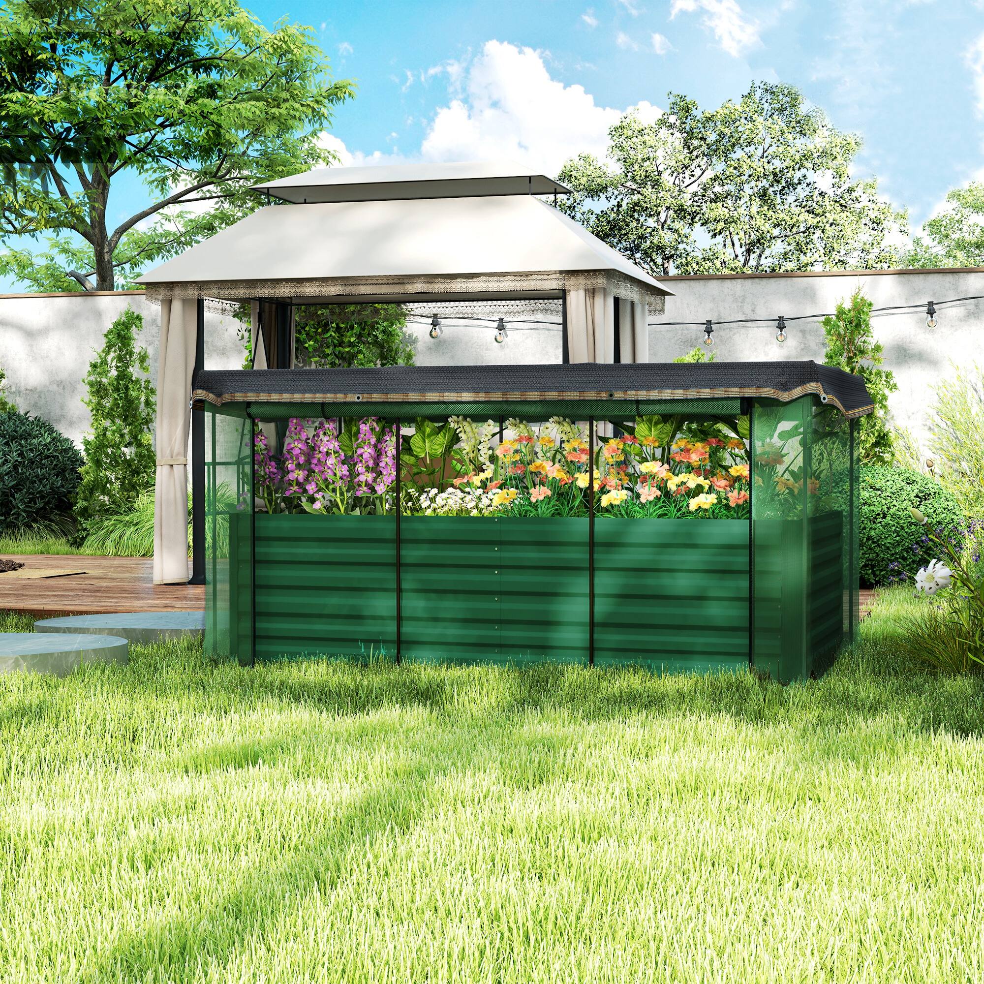 Alt View 1. Outsunny - 7.3 x 3.4 x 2 ft Galvanized Raised Garden Bed with Crop Cage Plant Protection Net and Shade Cloth Roof - Green.