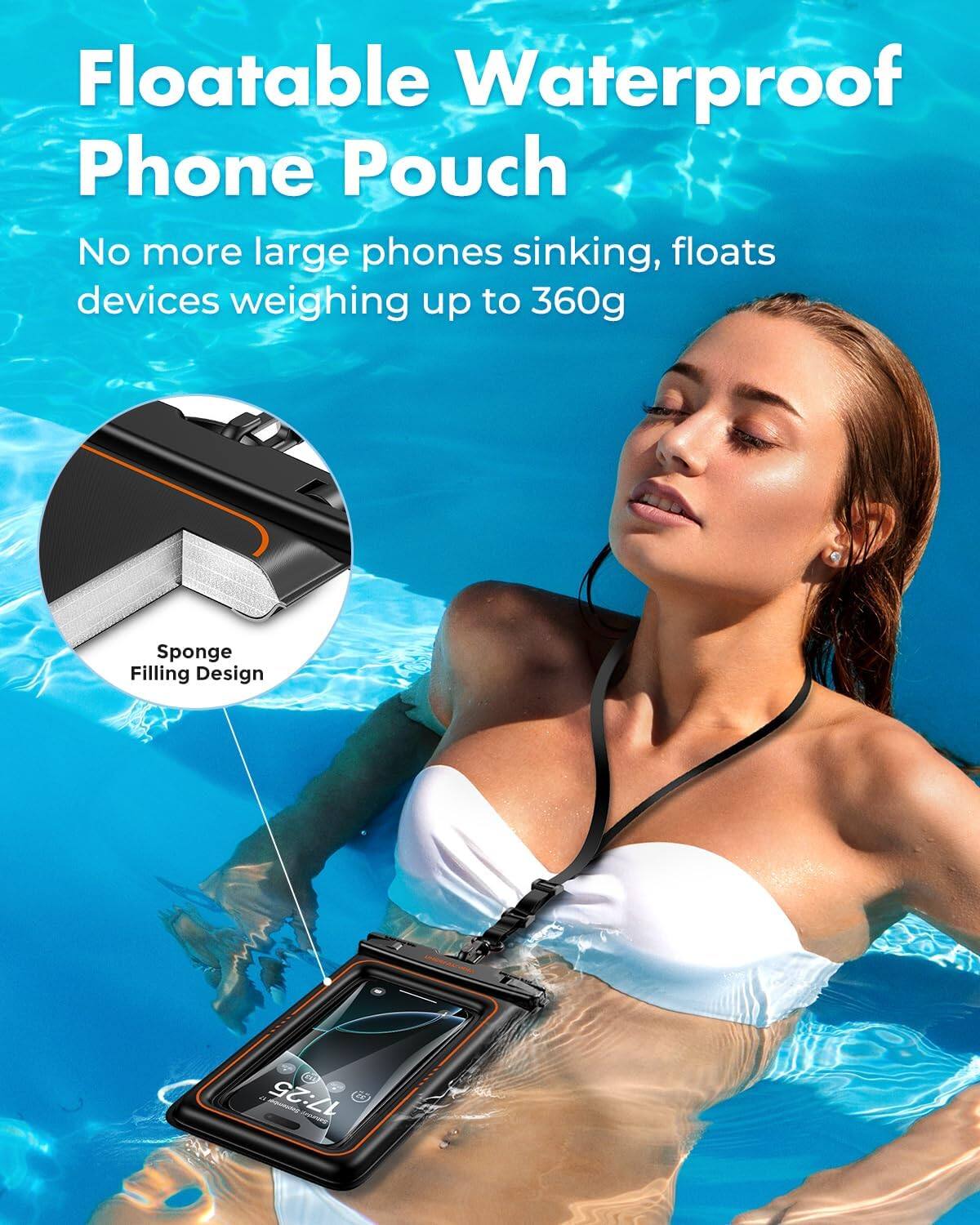 Floatable Waterproof Phone Pouch  
No more large phones sinking, floats devices weighing up to 360g  

Sponge Filling Design