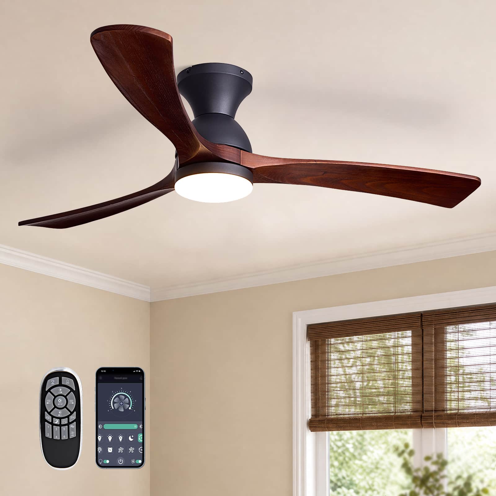 Siljoy - 52 Inch Black Flush Mount Ceiling Fan with Light Solid Wood Blades with Remote Control for Bedroom Living Room Foyer - Brown price history on PriceWatchPro