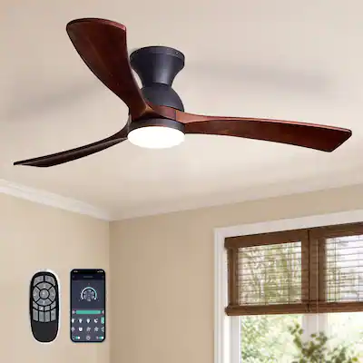 Front. Siljoy - 52 Inch Black Flush Mount Ceiling Fan with Light Solid Wood Blades with Remote Control for Bedroom Living Room Foyer - Brown.