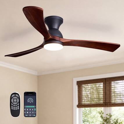 Front. Siljoy - 52 Inch Black Flush Mount Ceiling Fan with Light Solid Wood Blades with Remote Control for Bedroom Living Room Foyer - Brown.