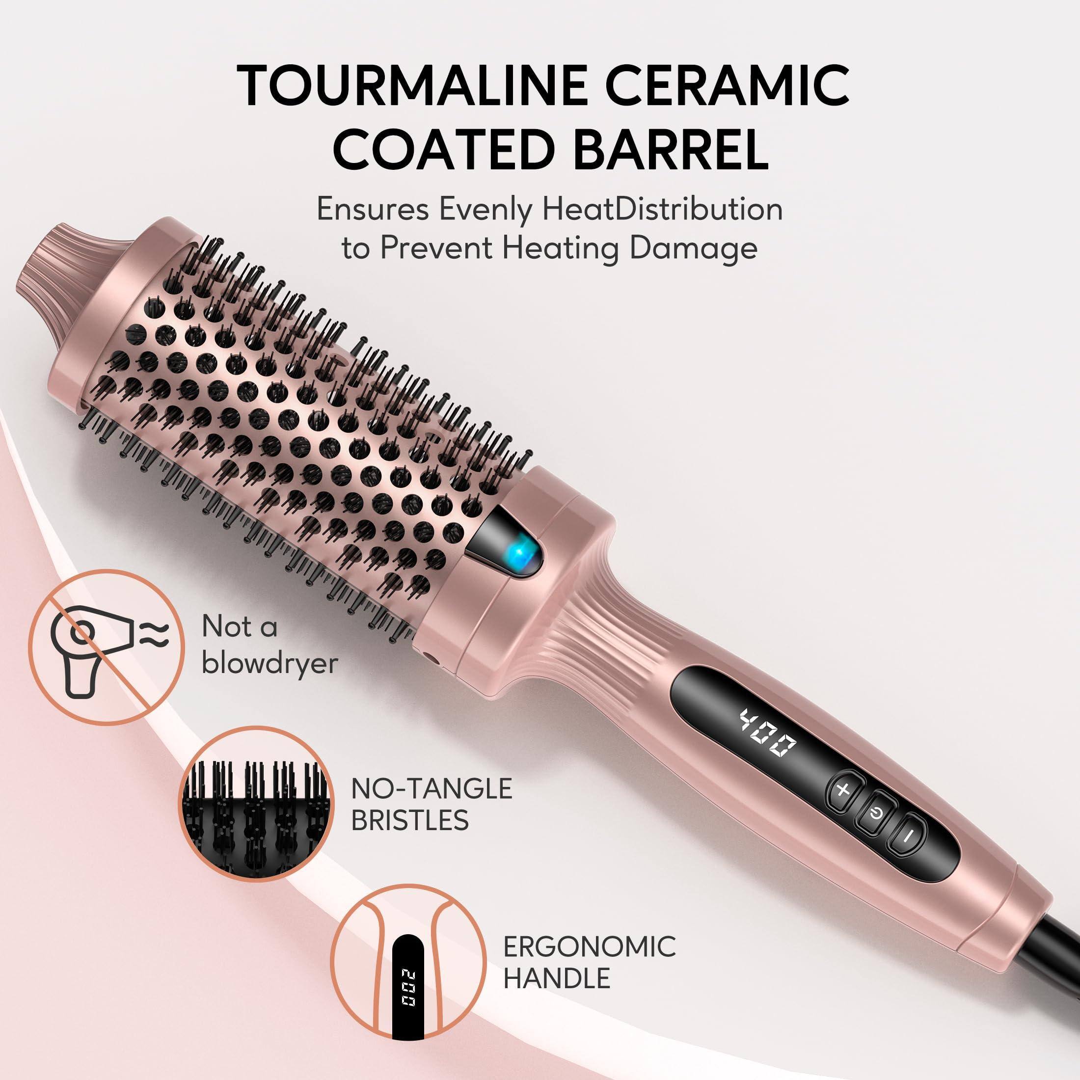 TOURMALINE CERAMIC COATED BARREL  
Ensures Evenly Heat Distribution to Prevent Heating Damage  

Not a blowdryer  

NO-TANGLE BRISTLES  

ERGONOMIC HANDLE