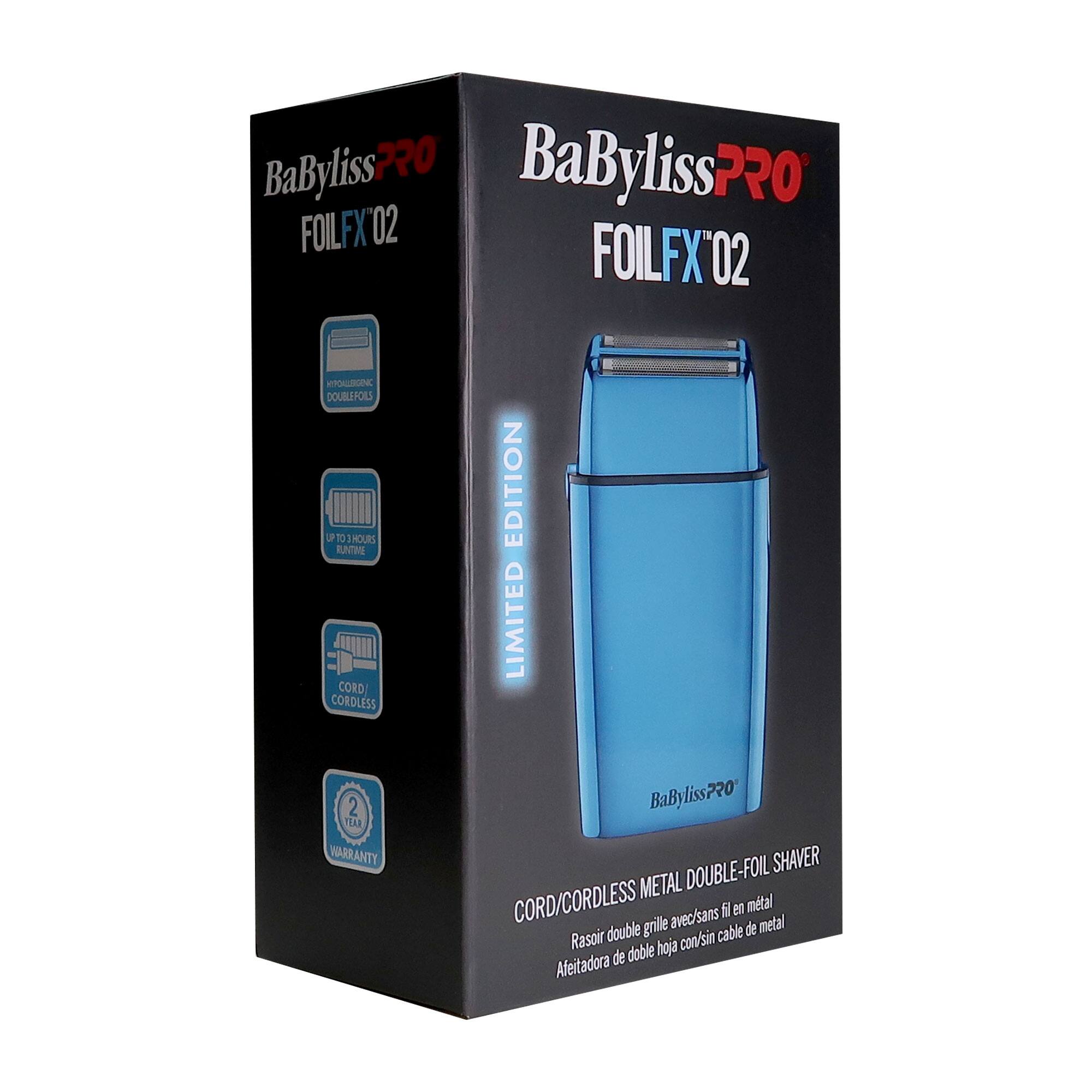 BaByliss PRO  
FOILFX'02  

LIMITED EDITION  

- HYDROGENIC DOUBLE FOILS  
- UP TO 3 HOURS  
- CORD/CORDLESS  
- 2 YEAR WARRANTY  

CORD/CORDLESS METAL DOUBLE-FOIL SHAVES  
Rasoir double grille avec/sans fil en métal  
Afeitadora de doble hoja con/sin cable de metal