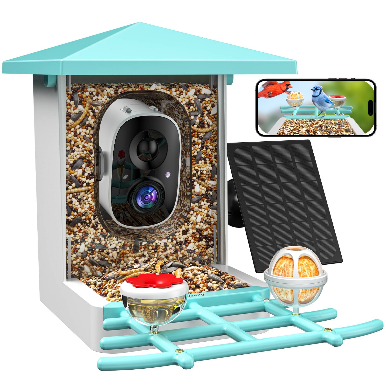 isYoung - AI Identify Smart Bird Watch Feeder with HD 2K Camera, 16,000+ Birds, 5W Solar Panel, 170° View, IP65 Waterproof - Light Green+White