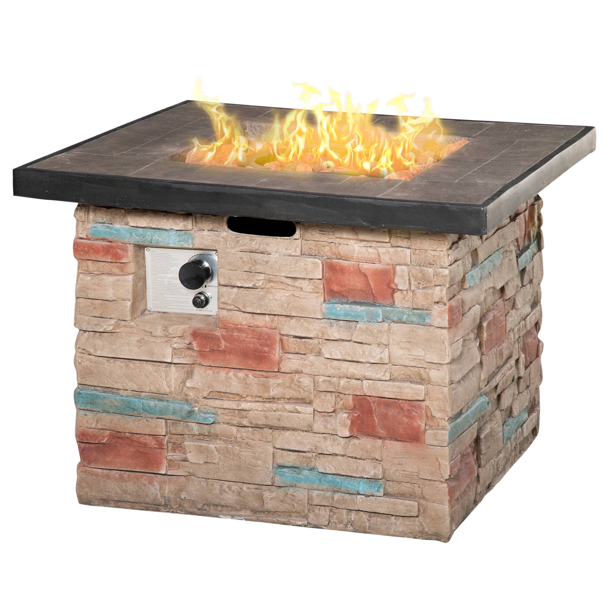 Outsunny - 32 Inch Outdoor Propane Gas Fire Pit Table, 50,000 BTU Auto-Ignition Rectangular Faux Ledge Stone Gas Firepit - Brown