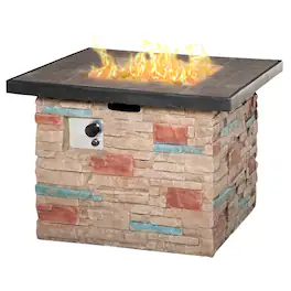 Outsunny - 32 Inch Outdoor Propane Gas Fire Pit Table, 50,000 BTU Auto-Ignition Rectangular Faux Ledge Stone Gas Firepit - Brown