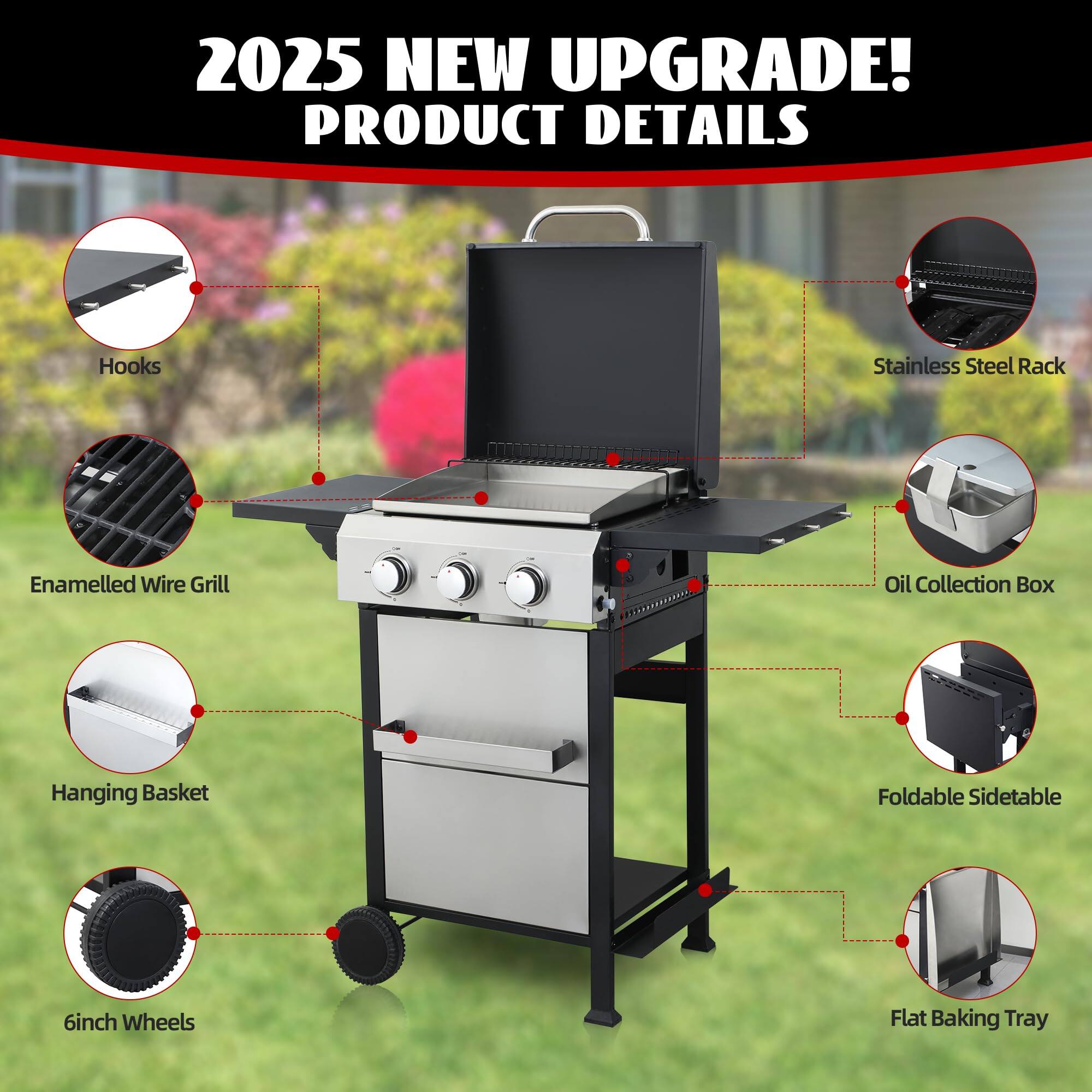 2025 NEW UPGRADE! PRODUCT DETAILS

- Hooks
- Enamelled Wire Grill
- Hanging Basket
- 6inch Wheels
- Stainless Steel Rack
- Oil Collection Box
- Foldable Sidetable
- Flat Baking Tray