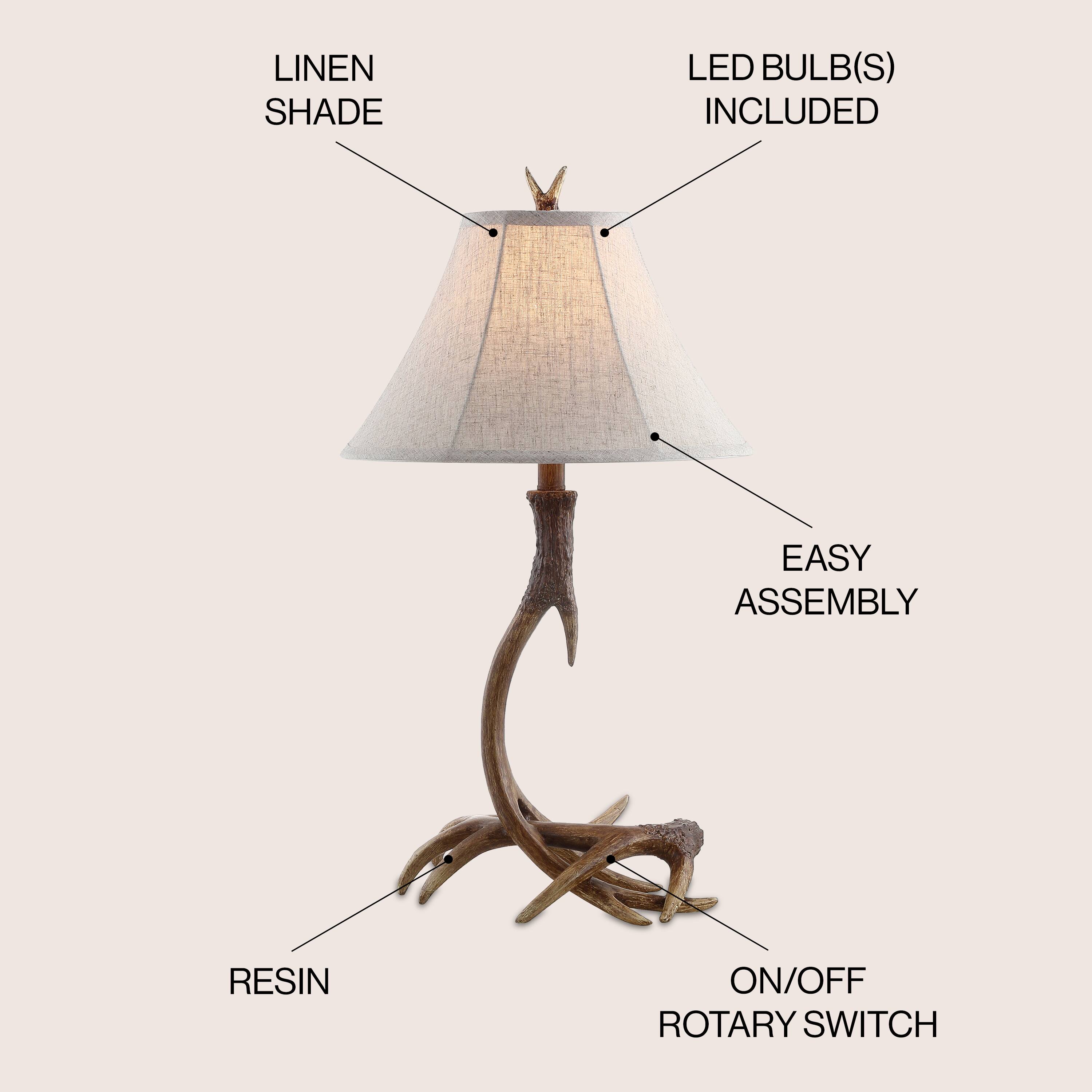 LINEN SHADE  
LED BULB(S) INCLUDED  
EASY ASSEMBLY  
RESIN  
ON/OFF ROTARY SWITCH