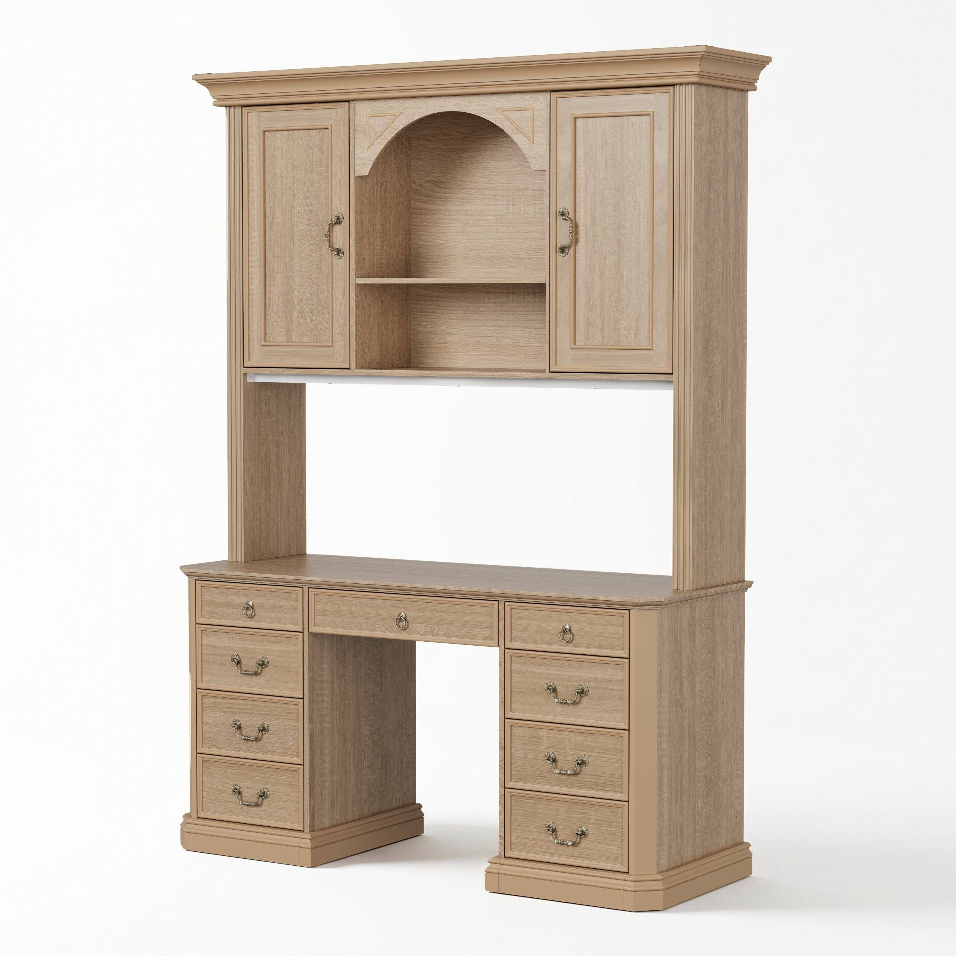 Alt View 10. Famapy - Bookcase Desk with Hutch & Drawers, Large Computer Desk with Arched Shelves for Home Library Student Writing Station - Light Wooden.