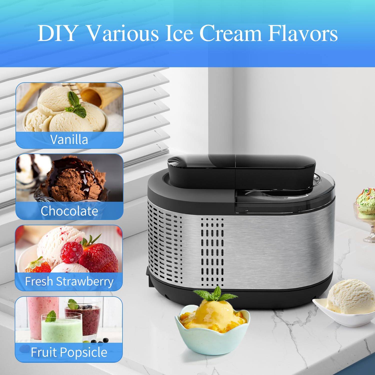 DIY Various Ice Cream Flavors

- Vanilla
- Chocolate
- Fresh Strawberry
- Fruit Popsicle