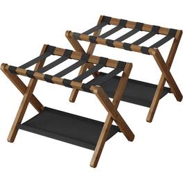 Hivvago - Set of 2 - Sturdy Luggage Rack in Walnut Wood Finish with Lower Storage Shelf - Brown