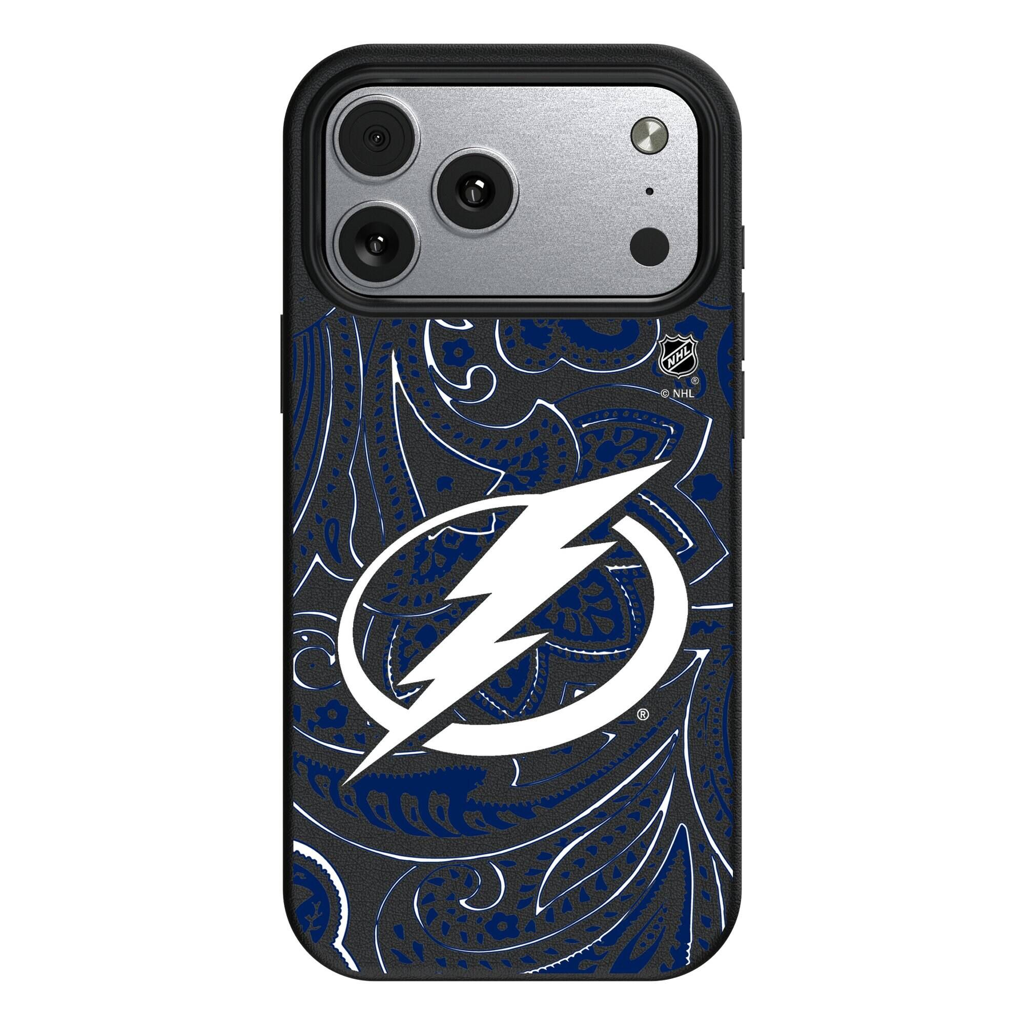 Front. Keyscaper - Black Tampa Bay Lightning Paisley iPhone Magnetic Bump Case - 17 Pro - Black.