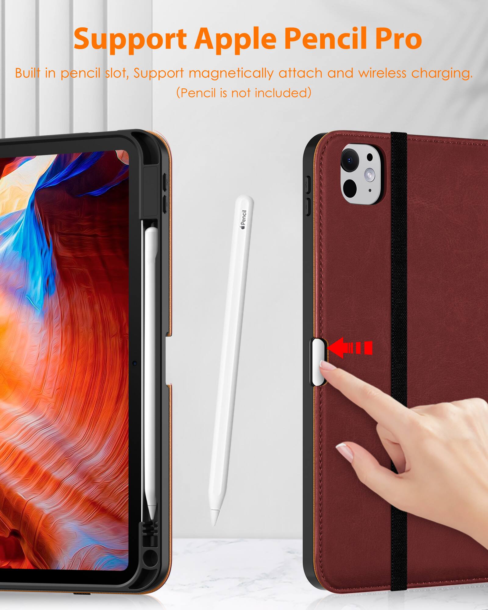 Support Apple Pencil Pro

Built in pencil slot, Support magnetically attach and wireless charging. (Pencil is not included)