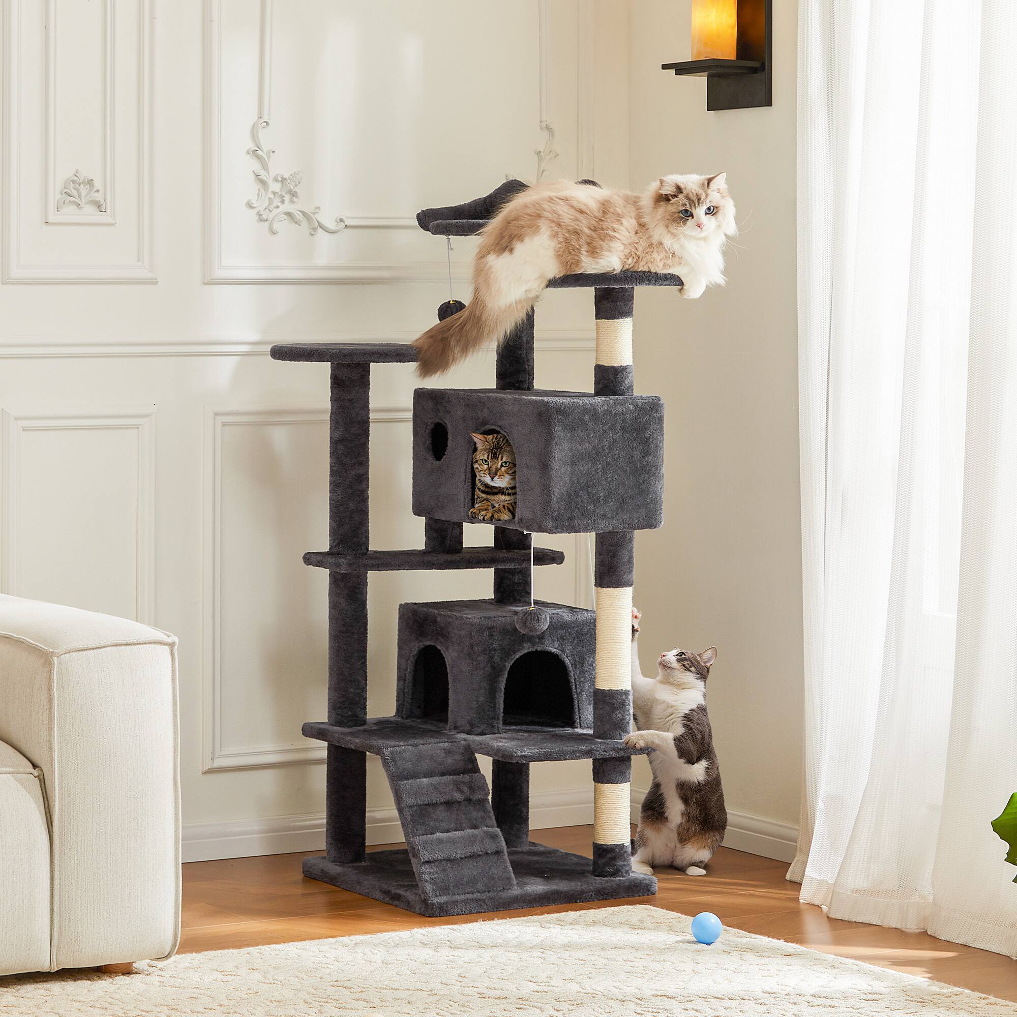 Front. AENKYO - 70" Tall Cat Tree Multi-Cat Climbing Pet House with Scratching Post for Indoor - Gray.