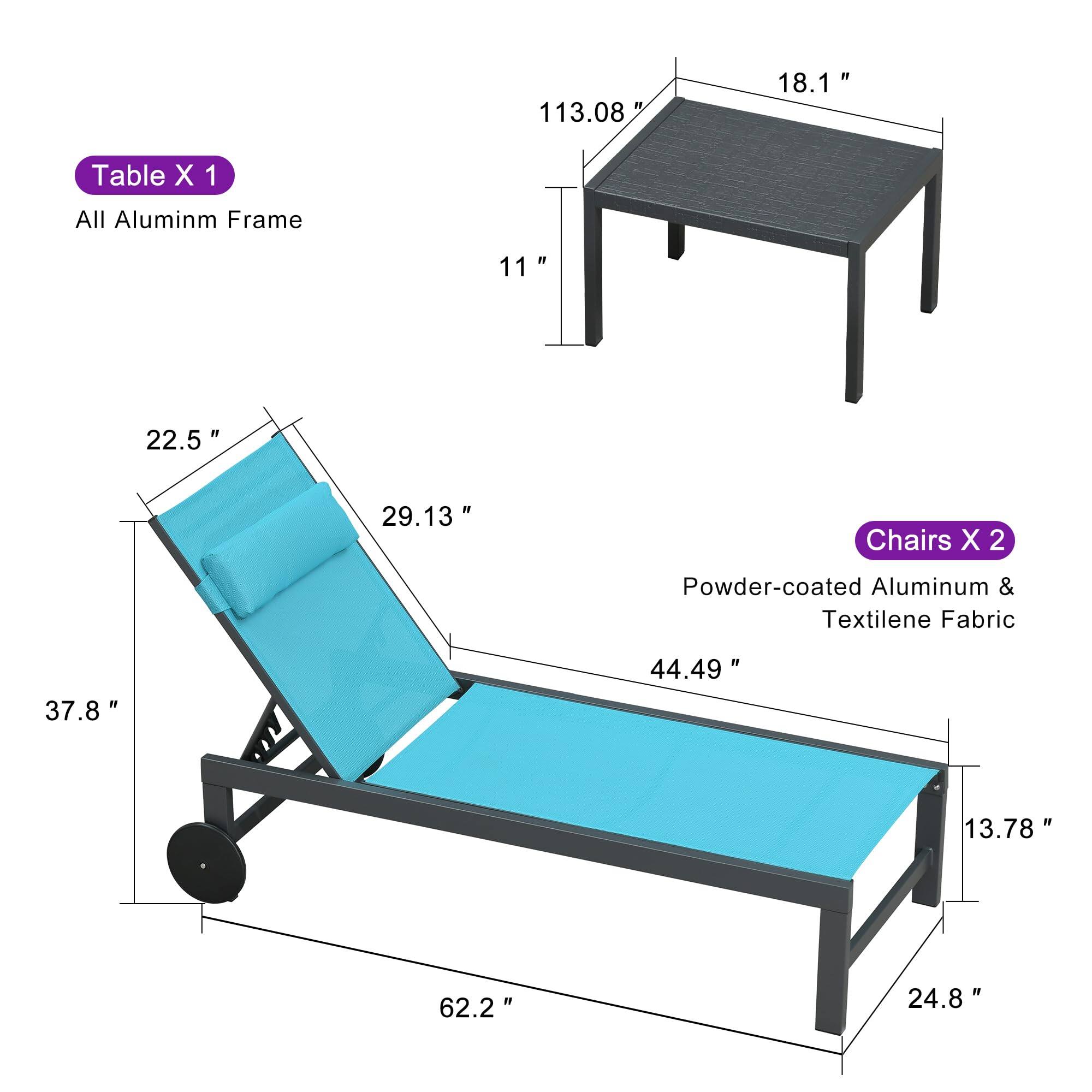 Table X 1  
All Aluminum Frame  
113.08" x 18.1" x 11"  

Chairs X 2  
Powder-coated Aluminum & Textilene Fabric  
62.2" x 44.49" x 37.8" x 29.13" x 22.5" x 13.78" x 24.8"