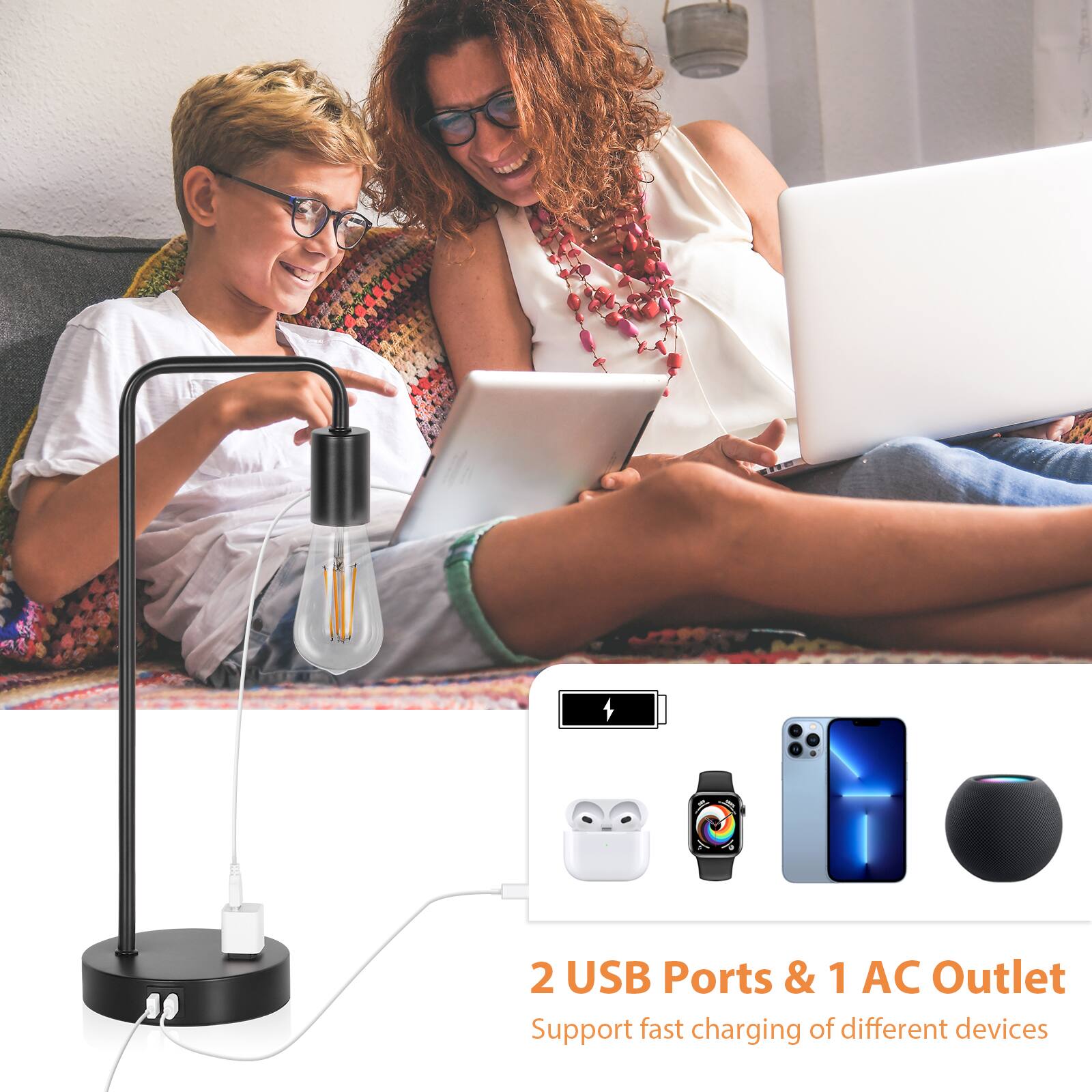 2 USB Ports & 1 AC Outlet  
Support fast charging of different devices