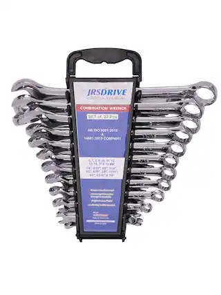 @JRSDRIVE to help you work better...
COMBINATION WRENCH SET of 22 Pcs
AN ISO 9001:2015 & 14001:2015 COMPANY
6, 7, 8, 9, 10, 11, 12, 13, 14, 17 & 19 MM
1/4", 5/16", 3/8", 7/16", 1/2", 9/16", 5/8", 11/16", 3/4", 13/16" & 7/8"
Chrome Vanadium Steel Drop Forged For Added Strength & Durability
Bright Chrome Plated Confirming To ANSI Standard
Made by Eastman Cast & Forge Ltd.