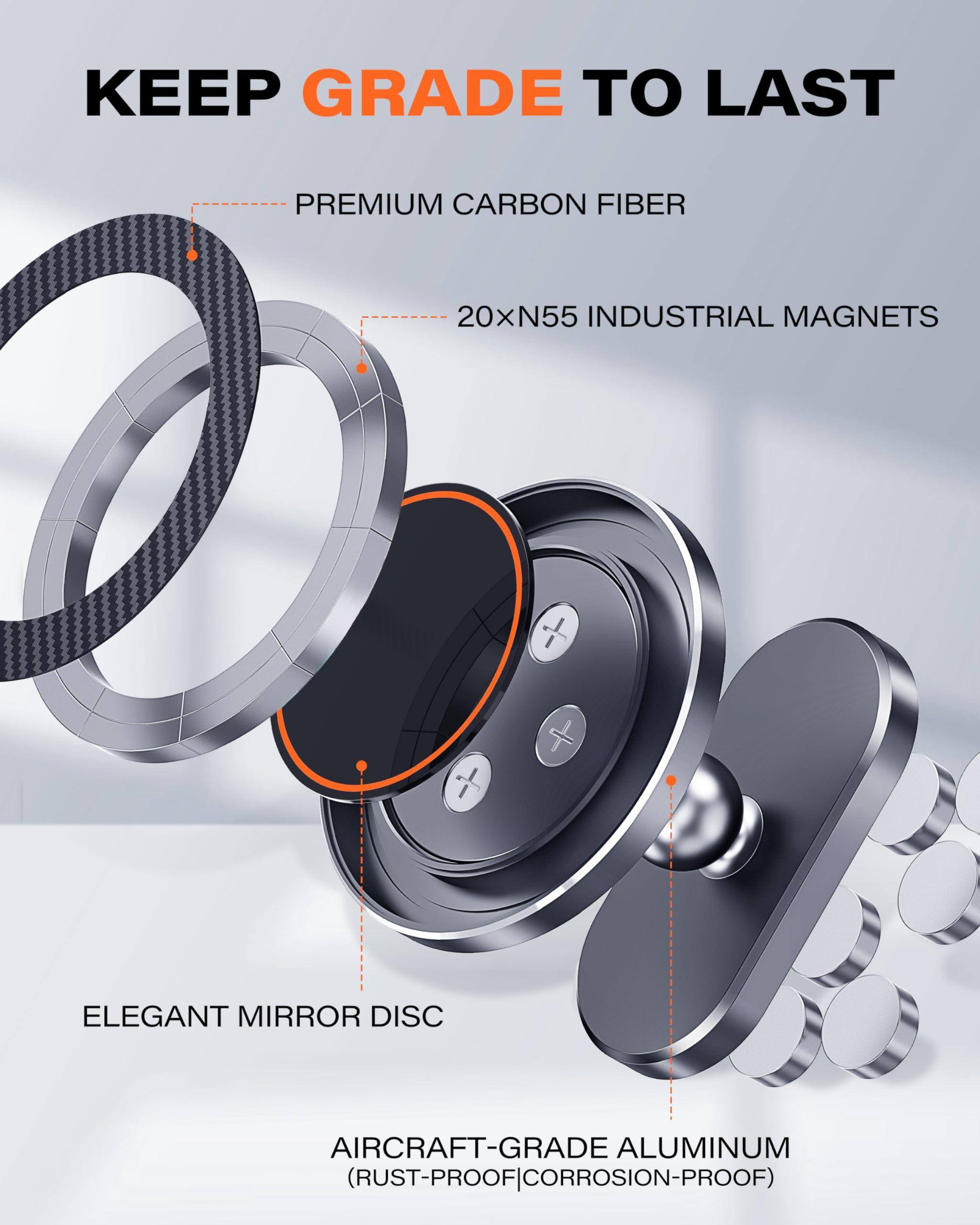 KEEP GRADE TO LAST

- PREMIUM CARBON FIBER
- 20xN55 INDUSTRIAL MAGNETS
- ELEGANT MIRROR DISC
- AIRCRAFT-GRADE ALUMINUM (RUST-PROOF|CORROSION-PROOF)