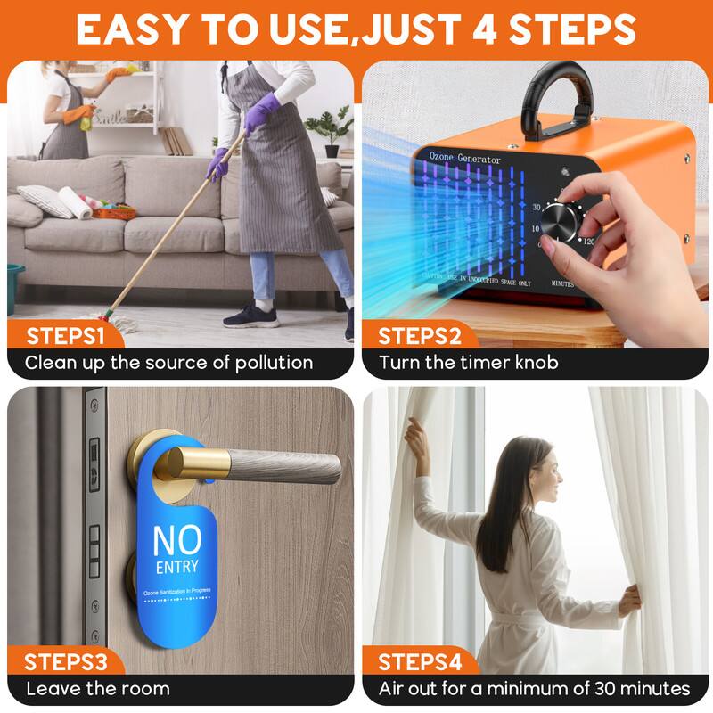 EASY TO USE, JUST 4 STEPS

STEPS 1: Clean up the source of pollution

STEPS 2: Turn the timer knob

STEPS 3: Leave the room

STEPS 4: Air out for a minimum of 30 minutes