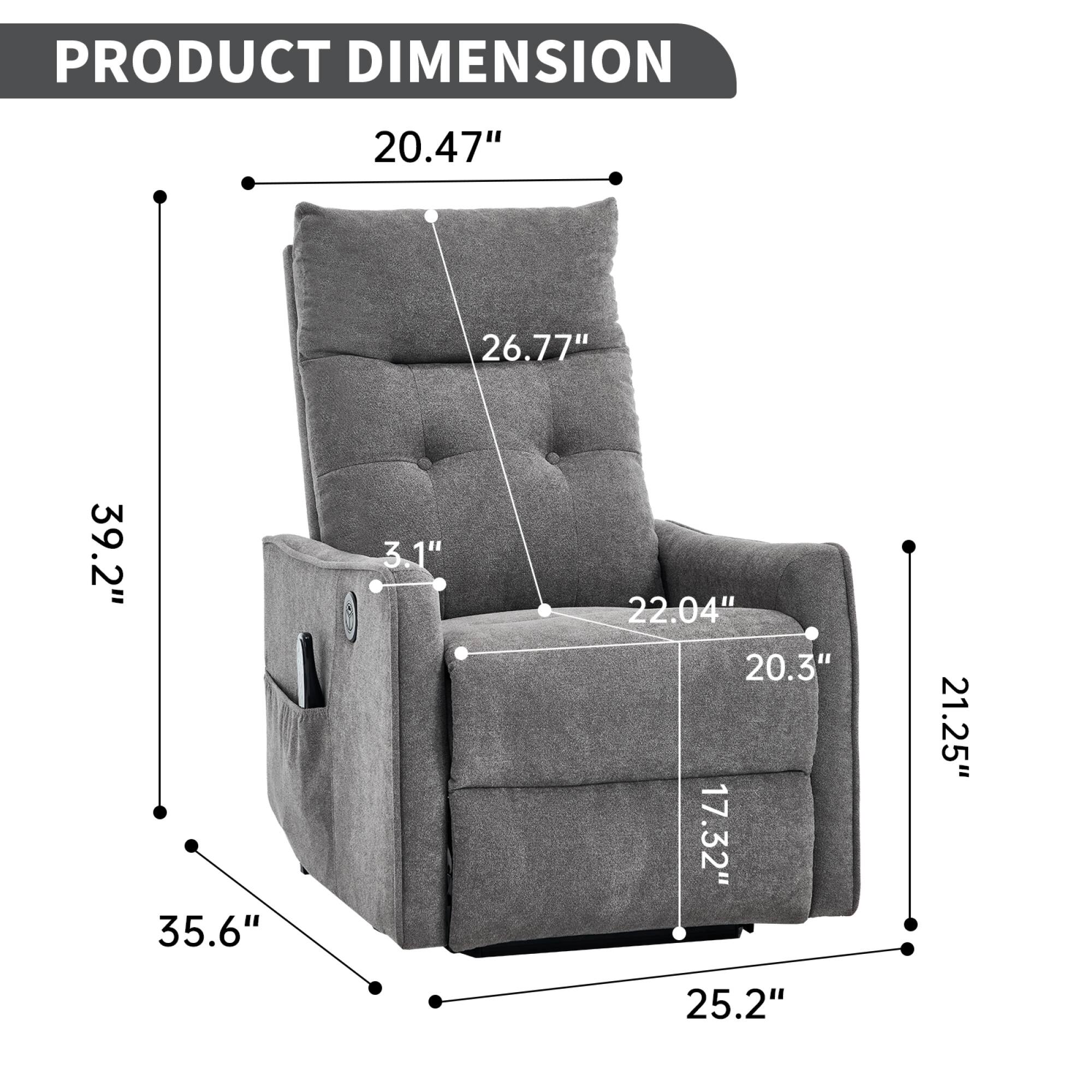 PRODUCT DIMENSION

- Width: 39.2"
- Height: 35.6"
- Depth: 26.77"
- Seat Height: 20.47"
- Seat Depth: 22.04"
- Arm Height: 20.3"
- Arm Width: 21.25"
- Back Height: 39.2"
- Seat Width: 17.32"
- Seat Depth: 25.2"